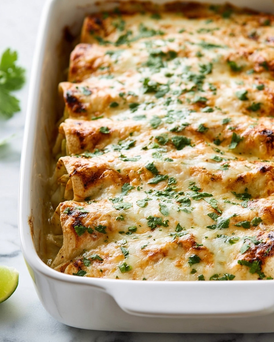 This image shows a white baking dish filled with a layered baked dish. There are eight rolled layers closely lined up in the dish, each covered with melted cheese that is light golden brown and bubbly on top. The cheese layer has green chopped herbs scattered evenly over the surface. The edges of the layers show some darker baked spots, giving texture to the dish. The background and surface are white marble, and there is a small part of a lime wedge visible at the bottom left corner. photo taken with an iphone --ar 4:5 --v 7