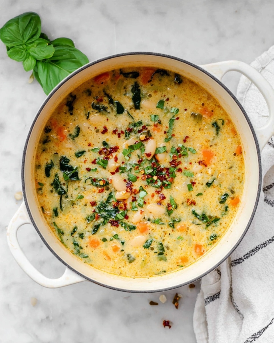 A white enamel pot with two handles holds a thick soup with many layers: the base layer is creamy and light yellow with visible small chunks of orange carrots, green leafy vegetables, and white beans mixed in. On top, there are scattered pieces of chopped green herbs and a sprinkle of red chili flakes adding texture and color contrast. The pot sits on a white marbled surface with a few green basil leaves around it and a white cloth with thin black stripes partially visible on the right side. photo taken with an iphone --ar 4:5 --v 7