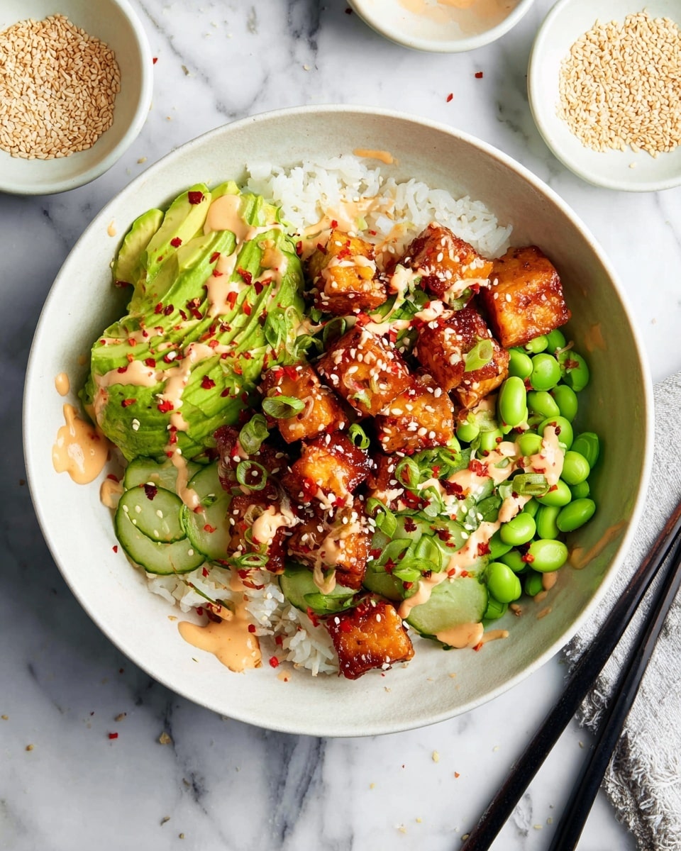 A white bowl holds a dish with four main layers: at the bottom, there is a bed of white rice with a soft texture; on one side, bright green edamame beans are scattered; next to them are golden-brown glazed tofu cubes sprinkled with white sesame seeds and a few red chili flakes, with a shiny surface; on top, fresh green avocado slices fan out, covered with a light drizzle of creamy, pale orange sauce and garnished with red chili flakes. Thin, light green cucumber slices peek out underneath the avocado. The bowl is set on a white marbled surface with black chopsticks beside it, and small white bowls of sesame seeds and chili flakes are in the background. photo taken with an iphone --ar 4:5 --v 7