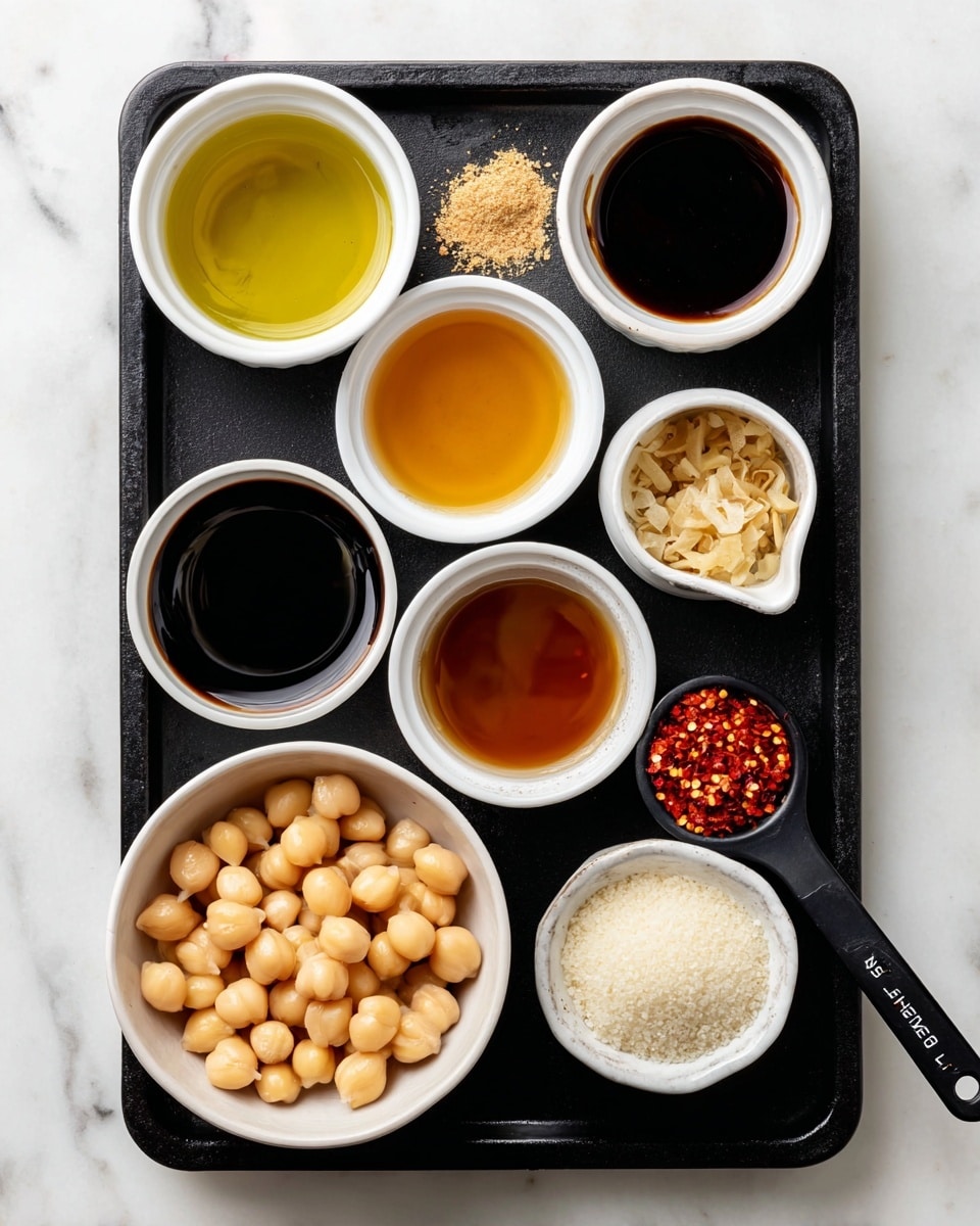 A black tray sits on a white marbled surface, holding various small white bowls and cups of ingredients arranged in a loose grid. In the bottom left corner, a white bowl is filled with light beige chickpeas. Above it and moving right, there are small white bowls filled with golden yellow oil, dark brown soy sauce, light brown veggie broth, finely chopped pale garlic, clear rice vinegar, amber maple syrup, white tapioca starch, finely grated light ginger, and a black measuring spoon with vibrant red pepper flakes. The colors and textures of the ingredients create a simple, organized visual contrast against the black tray. photo taken with an iphone --ar 4:5 --v 7