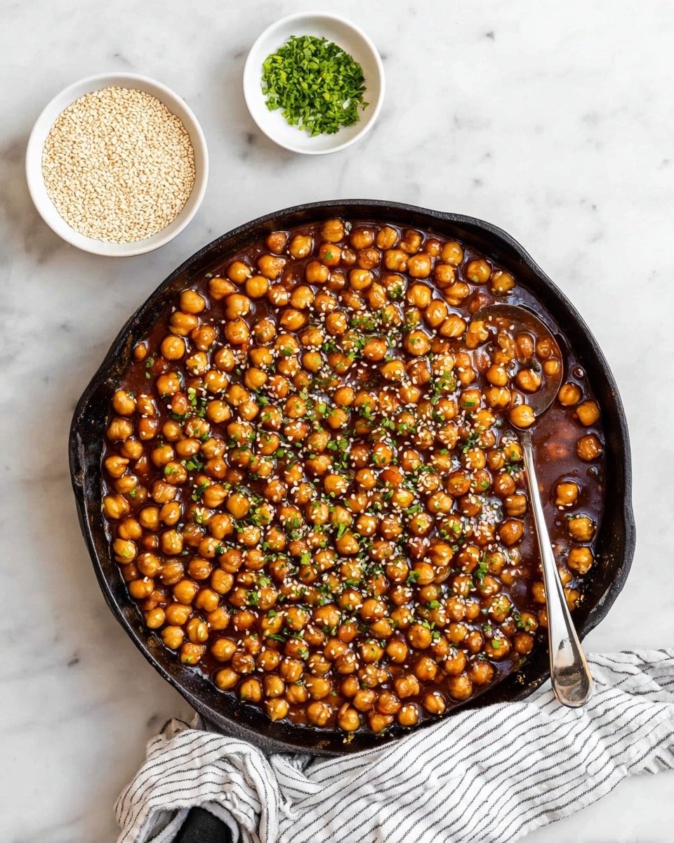 A black cast iron skillet filled with a single layer of shiny, light brown chickpeas in a thick dark brown sauce, garnished with small, chopped green herbs and sprinkled white sesame seeds. A silver spoon rests inside the skillet toward the bottom right side. Above the skillet, two small white bowls sit on a white marbled surface, one filled with white sesame seeds and the other with chopped green herbs. A white and gray striped cloth is laid under the skillet's handle on the right side. Photo taken with an iphone --ar 4:5 --v 7