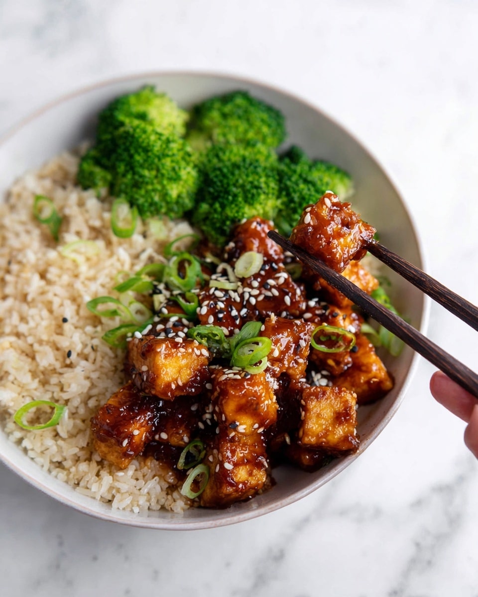 In a white bowl on a white marbled surface, there is a layered dish starting with a base of light beige rice. On top of the rice, bright green broccoli florets sit on one side, adding a fresh texture. Over the rice and broccoli, there are many small golden-brown tofu cubes coated in a shiny dark brown sauce, sprinkled with white and black sesame seeds. The tofu pieces look rich and sticky, with a few thin slices of green onion scattered around. Two dark wooden chopsticks held by a woman's hand pick up one tofu cube. Photo taken with an iphone --ar 4:5 --v 7