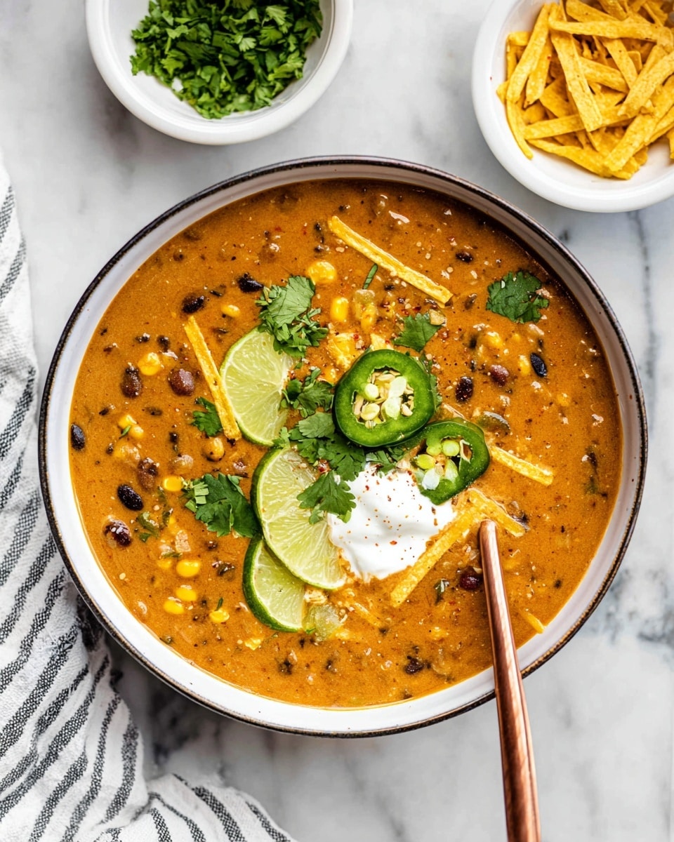 A creamy orange-brown soup with visible black beans and yellow corn pieces fills a white bowl with a dark rim. On top, there is a white dollop of sour cream or yogurt in the center, garnished with bright green cilantro leaves, two slices of green jalapeño, and thin yellow tortilla strips scattered around. Two lime wedges sit near the center, adding a fresh green touch. A copper spoon rests inside the bowl, partly submerged in the soup. The bowl sits on a white marbled surface with two small white bowls nearby, one filled with chopped cilantro and the other with extra yellow tortilla strips. A striped white and gray cloth is partially visible to the left. Photo taken with an iphone --ar 4:5 --v 7