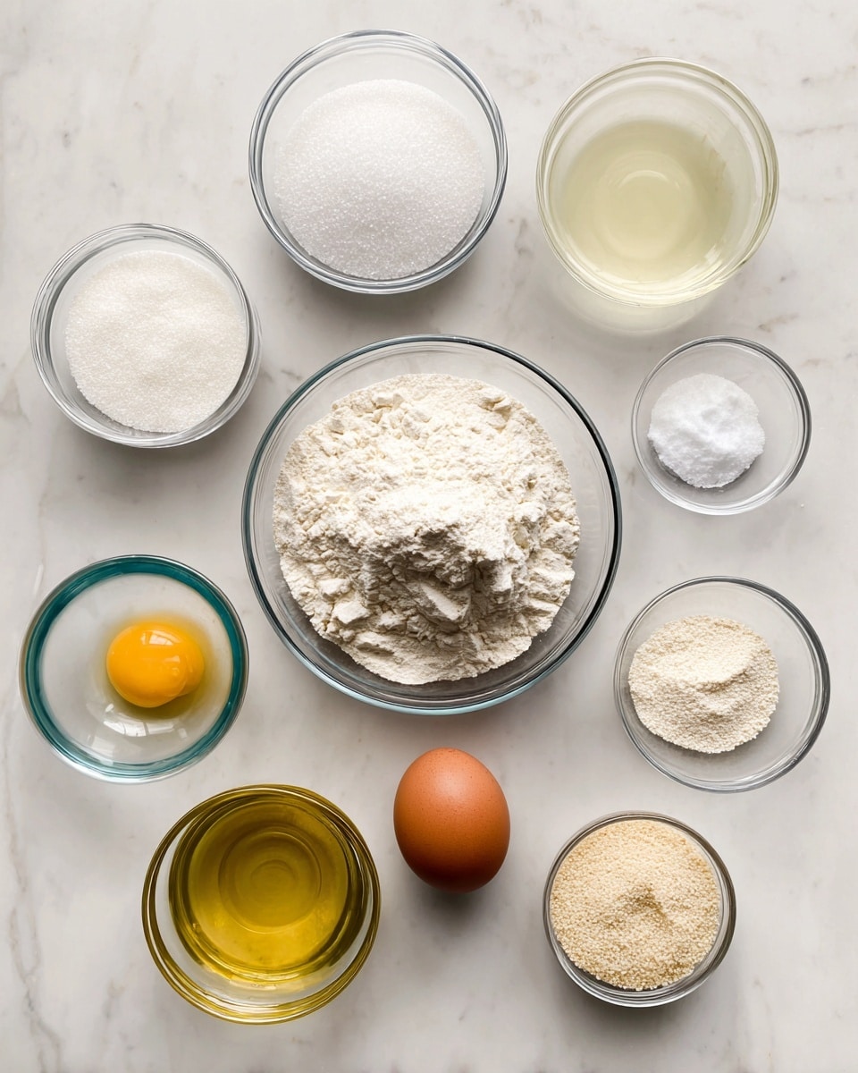 The image shows nine small clear glass bowls and one whole brown egg arranged on a white marbled surface. The biggest bowl at the center holds a heap of off-white flour with a powdery texture. Above it and slightly to the left is a bowl filled with white sugar granules. To the right of the sugar bowl is a smaller bowl with a white powder labeled baking powder. Above that, near the top right corner, is a small bowl with whitish salt crystals. Next to the salt is a bowl with a pale yellow vinegar liquid. To the right side of the flour bowl is a single brown egg. Below the egg is a bowl with golden yellow olive oil. Below the flour bowl is a bowl of clear water, and next to it on the right is a bowl containing beige yeast granules. The items are spaced evenly and neatly on the white marbled surface. photo taken with an iphone --ar 4:5 --v 7