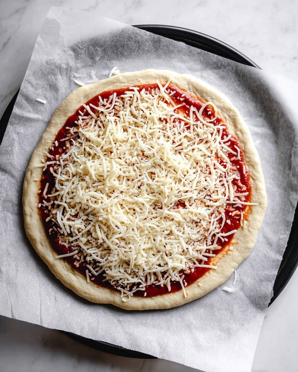 A round pizza dough base with a light beige color sits on a white parchment paper on a black pizza tray. The dough is topped with a layer of bright red tomato sauce spread evenly, nearly reaching the edges but leaving a small border of dough exposed. Over the sauce, there is a thick, even layer of shredded white cheese, loosely scattered with texture and some cheese strands overlapping. The scene is set on a white marbled surface, with soft natural lighting highlighting the textures. photo taken with an iphone --ar 4:5 --v 7