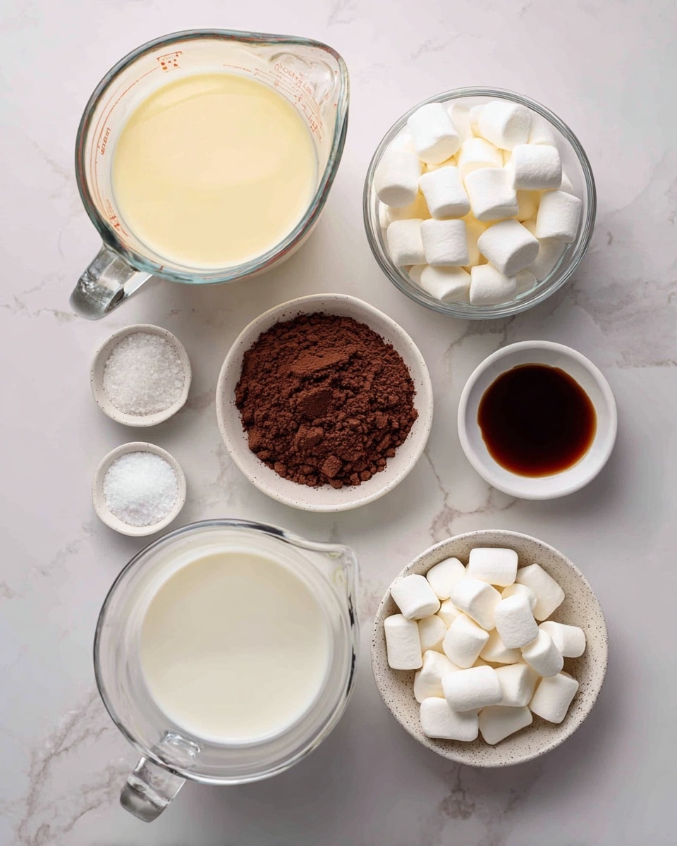 The image shows seven ingredients placed on a white marbled surface. At the top center, there is a clear glass measuring cup filled with pale yellow sweetened condensed milk. To its right, another clear glass measuring cup holds white half and half cream. Below them, a white bowl is filled with small white marshmallows, some spilled out in front. To the left of the marshmallows is a white bowl containing dark brown unsweetened cocoa powder with a powdery texture. Above it, a tiny white bowl has a small amount of white salt. Next to the salt is another small white bowl containing a dark brown liquid vanilla extract. Below the salt and vanilla, there is a small speckled white bowl with white creamer. On the lower left side, a large clear glass measuring cup is filled with whole milk, which is white and smooth in texture. The arrangement is neat and well-lit, photo taken with an iphone --ar 4:5 --v 7