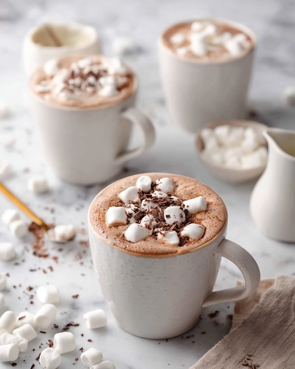 Three white mugs filled with light brown hot chocolate are topped with small white marshmallows and sprinkled with dark chocolate shavings. The front mug is the main focus, showing a creamy texture with marshmallows scattered across the top. Behind it, a second mug with a golden spoon stands slightly blurred, also filled with hot chocolate and marshmallows. The third mug is in the background, partially blurred. Around the mugs, scattered marshmallows lie on a white marbled surface, along with a small white pitcher filled with cream and a light brown napkin in the foreground. Photo taken with an iphone --ar 4:5 --v 7