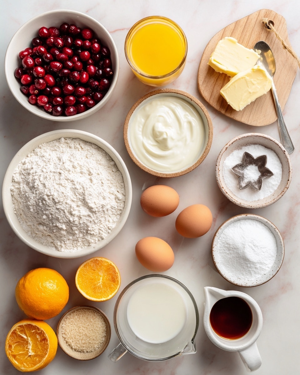 The image shows a collection of baking ingredients arranged neatly on a white marbled surface. There is a white bowl filled with shiny, dark red cranberries on the left and a glass filled with bright orange juice above it. A white bowl with smooth white sour cream and a spoon inside is to the right of the juice. Below the sour cream is a glass cup filled with white milk. A larger white bowl on the right center holds a mound of white flour with a small metallic flower-shaped dish containing white salt placed on top. Near the flour are two brown eggs resting on the marble surface. A small beige bowl contains coarse white turbinado sugar next to a white sugar filled bowl beside the eggs. A round white dish with baking powder is near the flour, and a wooden board holds powdered sugar in a rustic white bowl and a small white cup with dark vanilla extract. A whole bright orange and some orange zest sit on the wooden board. A white cup filled with yellow melted butter is placed near the turbinado bowl. The layout is clean and colorful with an emphasis on the deep reds, bright orange, and creamy whites photo taken with an iphone --ar 4:5 --v 7