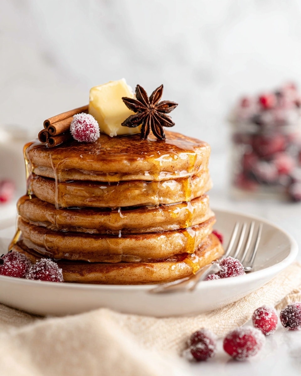 A stack of five thick, fluffy brown pancakes sits on a white plate, with syrup slowly dripping down the sides, creating shiny amber streaks. On top, there is a small square of melting light yellow butter, two sugared red cranberries, a dark brown star anise, and a cinnamon stick resting at the back. A silver fork leans on the right side of the plate, which is placed on a cream-colored cloth with more sugared cranberries scattered around. The background is a soft white marbled texture with a blurred glass jar of cranberries in the back. Photo taken with an iphone --ar 4:5 --v 7
