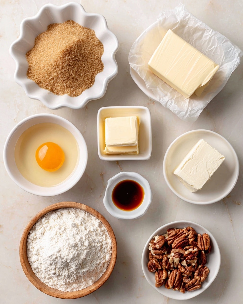 Several small white dishes and a wooden bowl hold different baking ingredients arranged on a white marbled surface. At the top left, a white scalloped bowl is filled generously with light to medium brown sugar, showing a crumbly and soft texture. Nearby, a stick of pale yellow butter rests on its partially opened paper wrapper. Below that, a small white square dish contains a smooth, pale yellow butter chunk. To the left, a white rounded bowl holds a raw egg with a vivid yellow yolk surrounded by clear egg white. Next to it, a small white round bowl holds a dark amber liquid labeled vanilla. Below the egg bowl, a wooden bowl is filled with soft, white flour showing a powdery texture. At the bottom right, a small white square dish contains a block of smooth cream cheese with a white, creamy surface. Finally, a small white round dish holds a pile of chopped pecan pieces, showing brown shells and textured nuts. The whole arrangement is clean and well-lit. Photo taken with an iphone --ar 4:5 --v 7