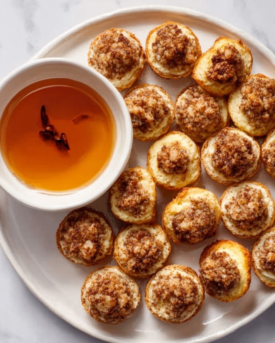 A white plate filled with small round snacks that have a crumbly, brown top layer with a slightly rough texture, and a softer, golden bottom layer. To the side of the plate, there is a small white bowl filled with a clear amber-colored liquid with a few dark spices floating inside. The white marbled surface underneath adds a clean and bright contrast to the setup. photo taken with an iphone --ar 4:5 --v 7