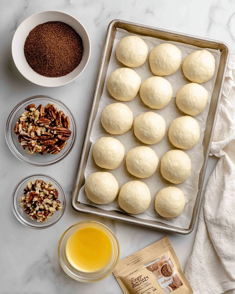 A metal tray lined with white parchment paper holds 24 small, round, white frozen dinner rolls arranged in four rows. To the top left of the tray is a white bowl filled with dark brown, crumbly brown sugar. Below it, a small clear glass bowl contains chopped pecans, showing their light and dark brown uneven shapes. At the bottom left corner, a clear glass bowl holds smooth, bright yellow melted butter. To the right of the tray on the white marbled surface lies a tan packet labeled butterscotch pudding mix. A white cloth is partially visible at the bottom right corner. The whole scene is set on a white marbled background. photo taken with an iphone --ar 4:5 --v 7