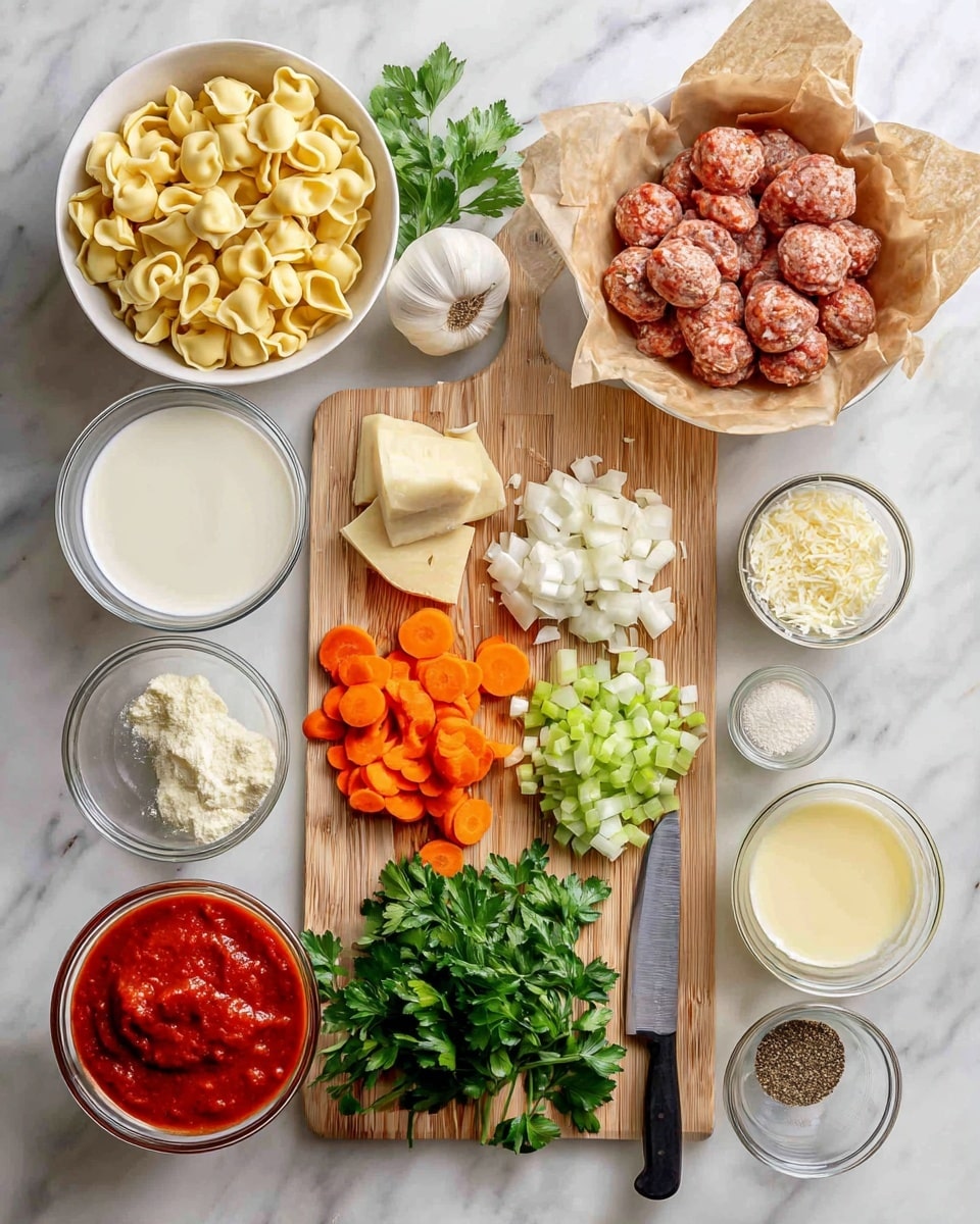 A collection of cooking ingredients is arranged on a white marbled surface, centered around a light wooden cutting board. On the board, there are three small piles of chopped vegetables: orange carrots on the left, green celery on the right, and white diced onion at the top right. Fresh parsley with green leaves is placed above the carrots and celery. A small clear bowl with three peeled garlic cloves sits near the parsley. To the right on the cutting board is a large kitchen knife with a shiny blade. Surrounding the board, starting from the top left, there is a white bowl filled with pale yellow cheese tortellini, next to it a clear glass of heavy cream is visible. To the top right, a white bowl lined with crumpled light brown parchment paper holds a pile of raw Italian turkey sausage, showing their reddish color. Below on the left, a glass bowl contains a thick bright red tomato paste with a spoon. Beneath the tomato paste, a glass jar holds half and half cream with a smooth white surface. Toward the bottom right, a glass container with light yellow chicken broth sits near a small bowl holding grated parmesan cheese. A small white bowl with mixed salt and black pepper is next to the broth, and a container of Italian seasoning is positioned next to that. The entire scene is lit softly, highlighting the fresh colors of the ingredients photo taken with an iphone --ar 4:5 --v 7