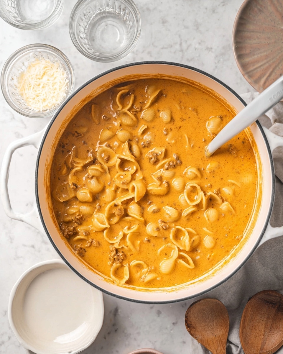 A white pot filled with creamy orange pasta sauce with small pieces of pasta shells visible throughout, and some bits of ground meat mixed in, with a light gray spoon immersed in the sauce at the center; around the pot are clear glass measuring cups partly filled with white liquid, a small bowl of grated cheese, a wooden spoon, and an empty white bowl, all set on a white marbled surface photo taken with an iphone --ar 4:5 --v 7