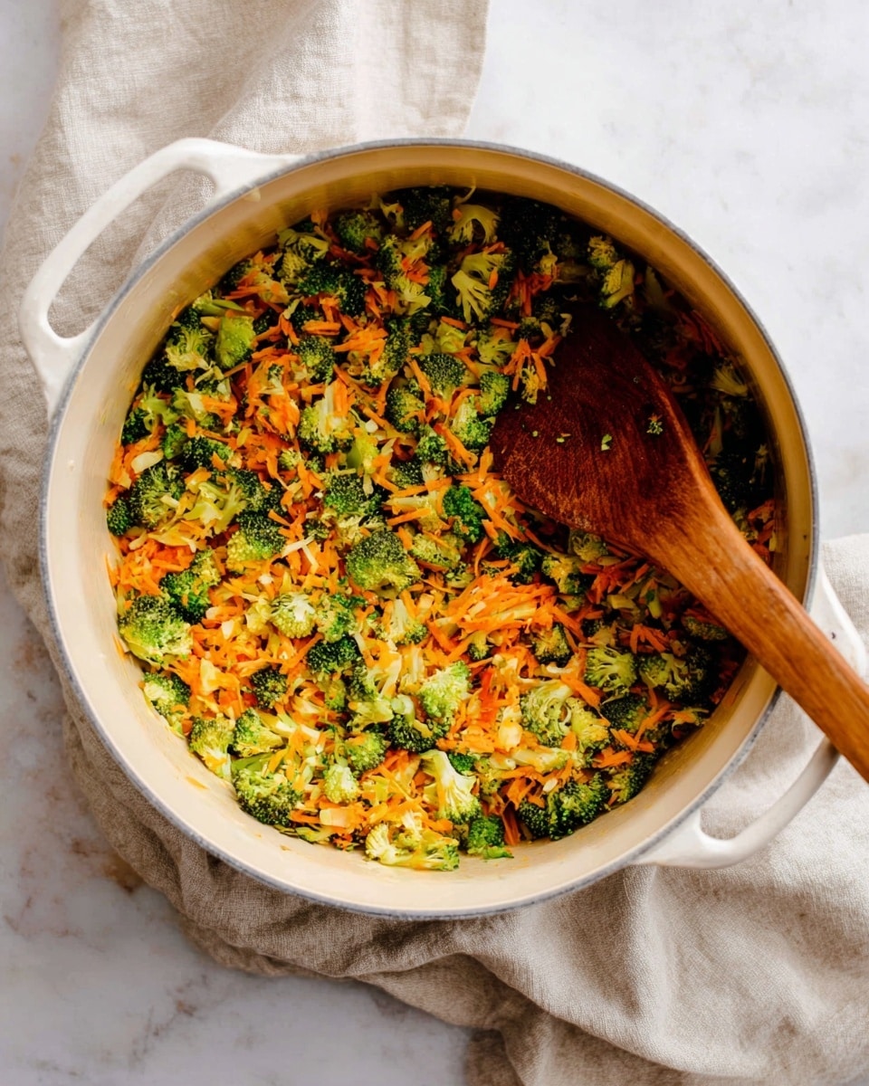 A large white pot filled with a mix of small broccoli florets and shredded orange carrots, evenly spread throughout. A wooden spoon is resting on the right side inside the pot, partly covered with the vegetables. The pot is placed on a soft beige cloth, set on a white marbled surface. The colors are bright and fresh, with the green broccoli and orange carrot pieces clearly visible. photo taken with an iphone --ar 4:5 --v 7