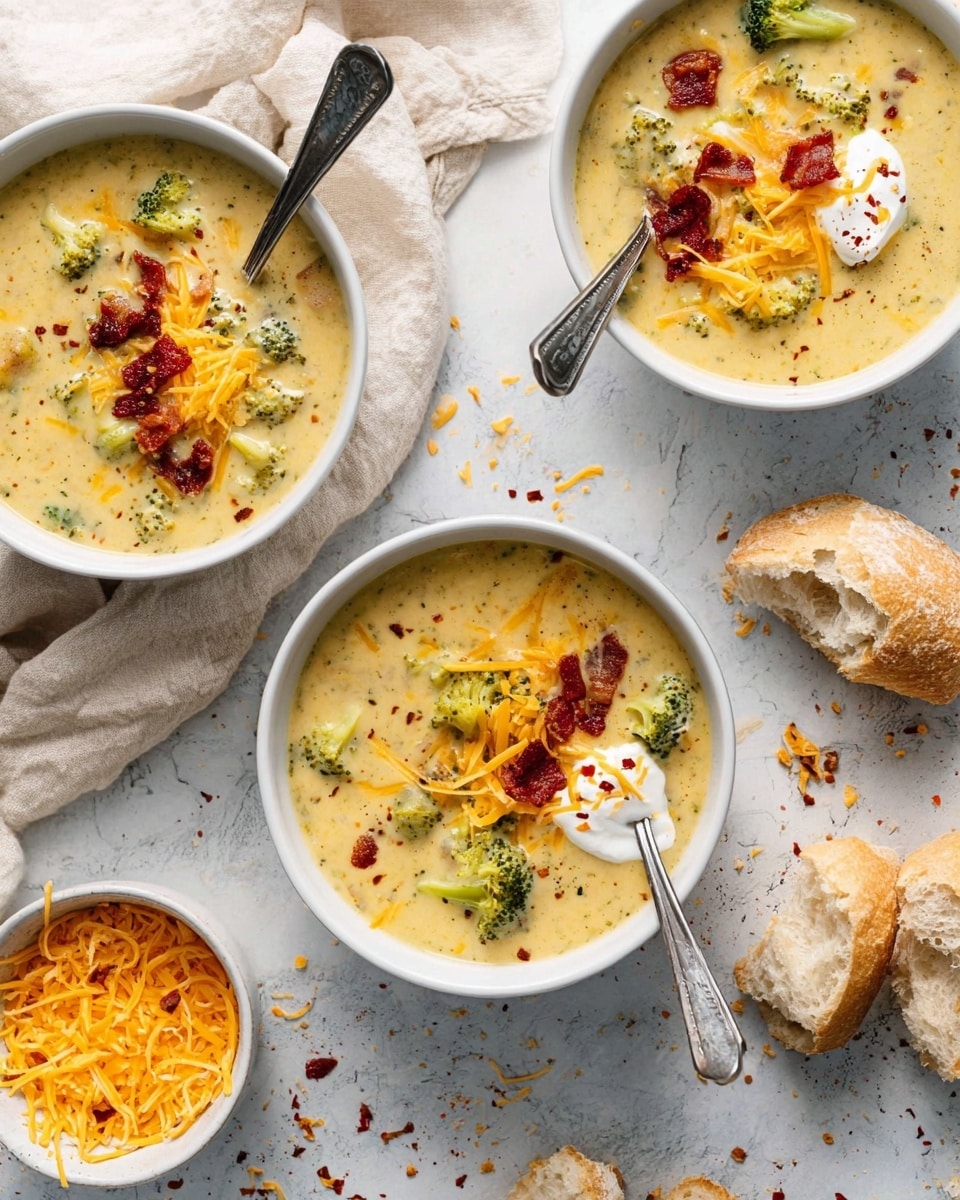Three white bowls of creamy yellow broccoli soup with chunks of green broccoli floating inside are shown on a white marbled surface. Each bowl has a layer of shredded orange cheddar cheese scattered on top, a dollop of white sour cream, and small pieces of reddish-brown bacon sprinkled over. Two silver spoons rest inside two of the bowls. Around the bowls, there are torn pieces of crusty bread with a light golden brown crust and a soft beige inside. A small white bowl filled with more shredded cheddar cheese is near the top left corner, and there is a cream-colored cloth napkin near the bottom left bowl. Some small red chili flakes and bread crumbs are also scattered on the surface. photo taken with an iphone --ar 4:5 --v 7