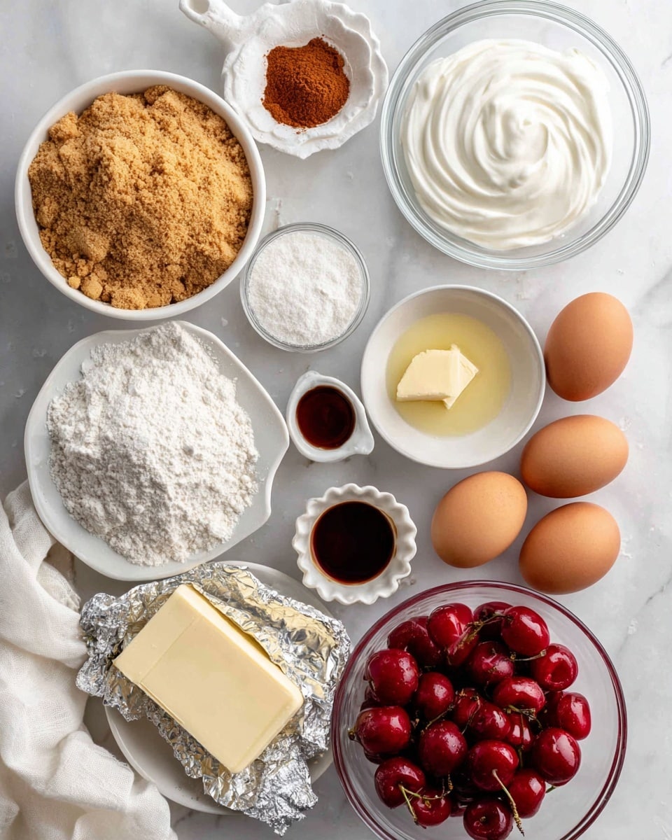 The image shows various baking ingredients arranged on a white marbled surface. There is a large white bowl filled with golden-brown graham cracker crumbs with a small white dish of cinnamon on top, placed near the upper left side. To the right, a clear glass bowl holds smooth white sour cream, while a small white bowl with flour sits just below it. A small white cup with dark brown vanilla extract is placed near the center, close to a white scalloped dish holding a glass bowl of pale yellow butter. Below these is a rectangular block of cream cheese resting on silver foil on a white plate. Next to the cream cheese, a small white bowl contains white sugar, near three brown eggs placed directly on the surface. A clear glass bowl full of bright red cherries in syrup is located near the lower right, partially covered by a white cloth. Photo taken with an iphone --ar 4:5 --v 7