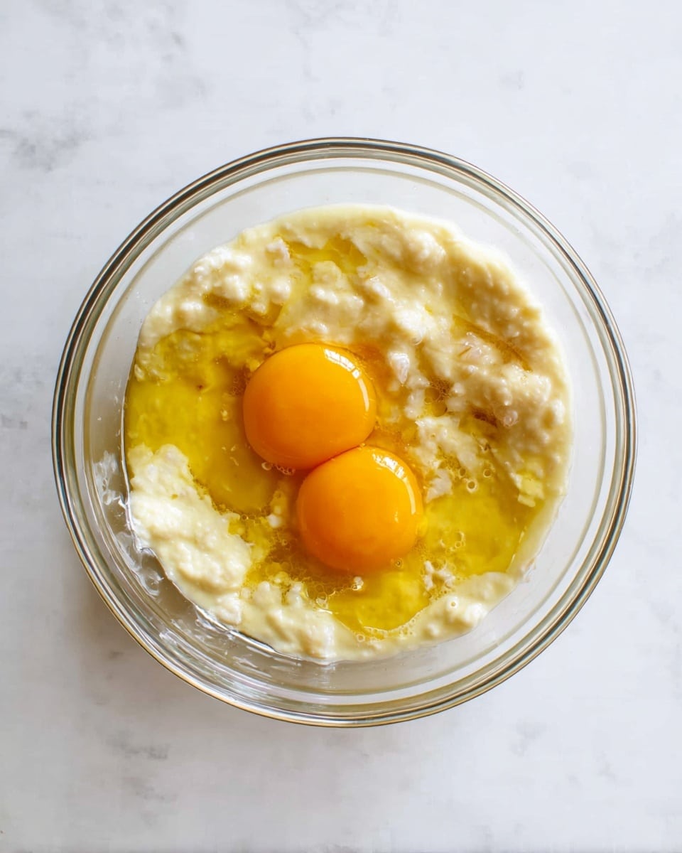 A clear glass bowl sits on a white marbled surface, containing two whole raw eggs with bright orange yolks on top of a thick, creamy, off-white mixture that has a slightly lumpy texture. The egg whites surround the yolks, blending with the mixture beneath, creating a layered appearance of yellow and pale cream with small uneven chunks. The scene is simple and focused on the ingredients inside the bowl, with soft natural light highlighting the glossy surface of the yolks and the smooth glass of the bowl. photo taken with an iphone --ar 4:5 --v 7