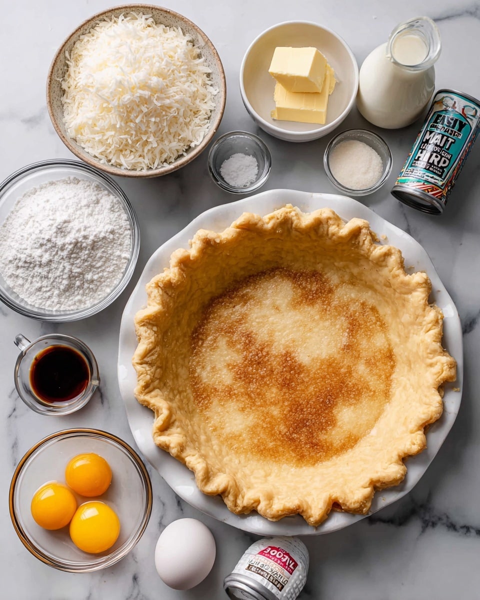 A golden baked pie crust with a crimped edge is placed on a white plate at the top left. Surrounding it on a white marbled surface are several white bowls and small clear glass bowls containing ingredients: shredded sweetened coconut with fluffy white flakes in a white bowl, powdered sugar that is fine and white, a square piece of butter creamy pale yellow in a small glass bowl, a bowl of white cornstarch powder, a bowl of white granulated sugar, and a bowl with two vibrant yellow egg yolks. There is also a small white pitcher filled with cream and a clear glass jug of milk with a creamy white color. Next to these are a red and black bottle of coconut extract and a blue and black bottle of vanilla extract. A small salt shaker and a can of coconut milk with a brown and white label complete the scene. Photo taken with an iphone --ar 4:5 --v 7