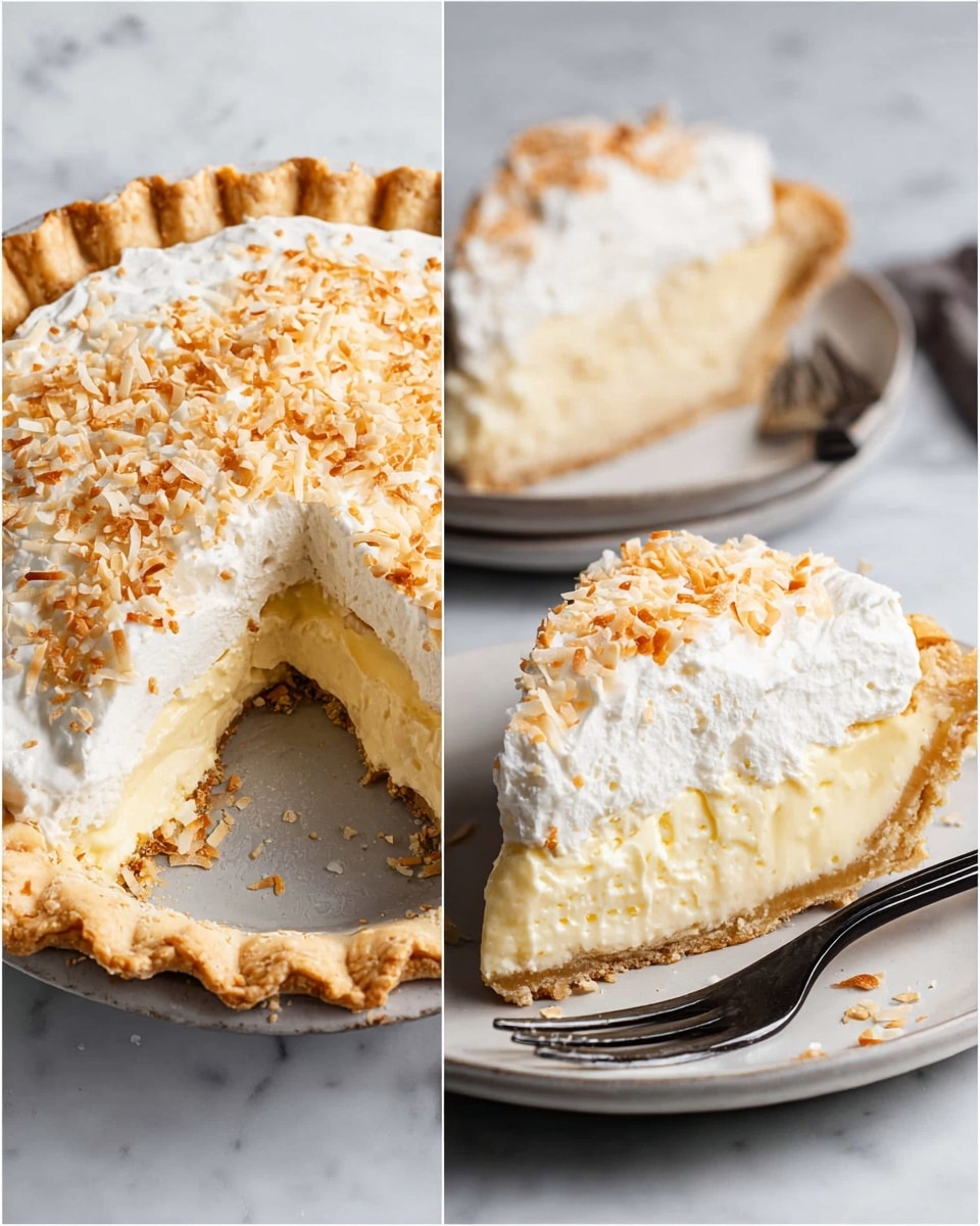 A whole coconut cream pie with a golden, crimped crust on a white plate sits on a white marbled surface, topped with a thick layer of white whipped cream sprinkled with lightly toasted coconut flakes. Next to it, a slice of the pie shows three clear layers: the bottom golden crust, a smooth light yellow creamy filling in the middle, and the top fluffy white whipped cream layer with toasted coconut flakes, served on a white plate with a black fork holding a bite of the pie. Photo taken with an iphone --ar 4:5 --v 7