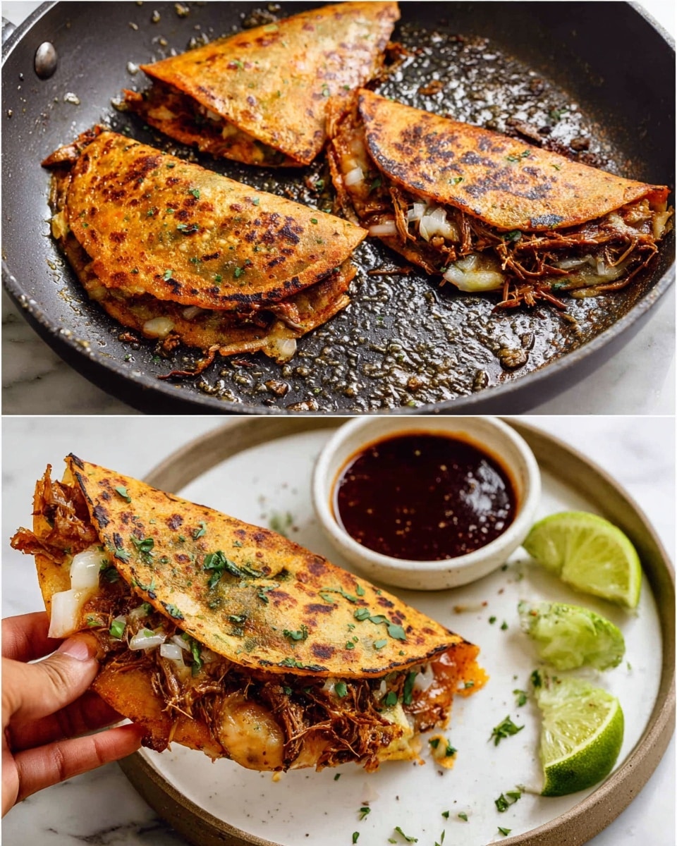 Two folded tortillas with a golden-brown, crispy outside are shown, each filled with shredded meat and melted cheese peeking out from the edges. One image shows the tortillas cooking in a lightly used pan with some oil and small bits of filling around; the tortillas have a speckled, toasted texture. The other image shows a woman's hand holding up one taco, which is sprinkled with small pieces of white onion and chopped green herbs, dipping it into a small white bowl with dark red sauce; two more tacos and slices of lime rest on a round plate with a white marbled background. photo taken with an iphone --ar 4:5 --v 7
