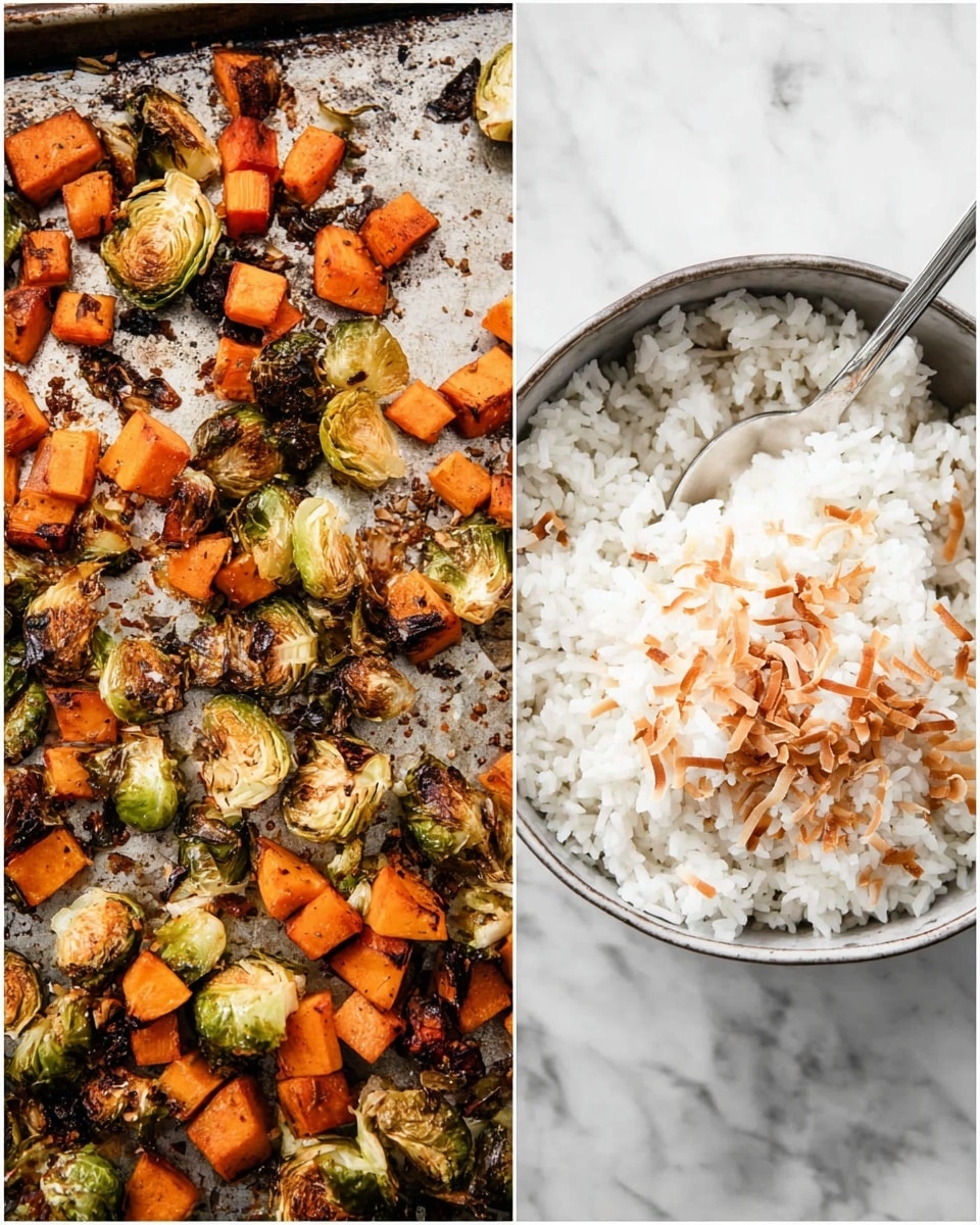 The image shows two parts: on the left, there is a baking tray with roasted vegetables scattered across it, including browned Brussels sprouts and orange sweet potato cubes, all with a slightly crisp and charred texture on a metal surface. On the right, there is a white bowl filled with cooked white rice topped with toasted brown coconut flakes and a silver spoon resting inside. The background is a white marbled texture. photo taken with an iphone --ar 4:5 --v 7