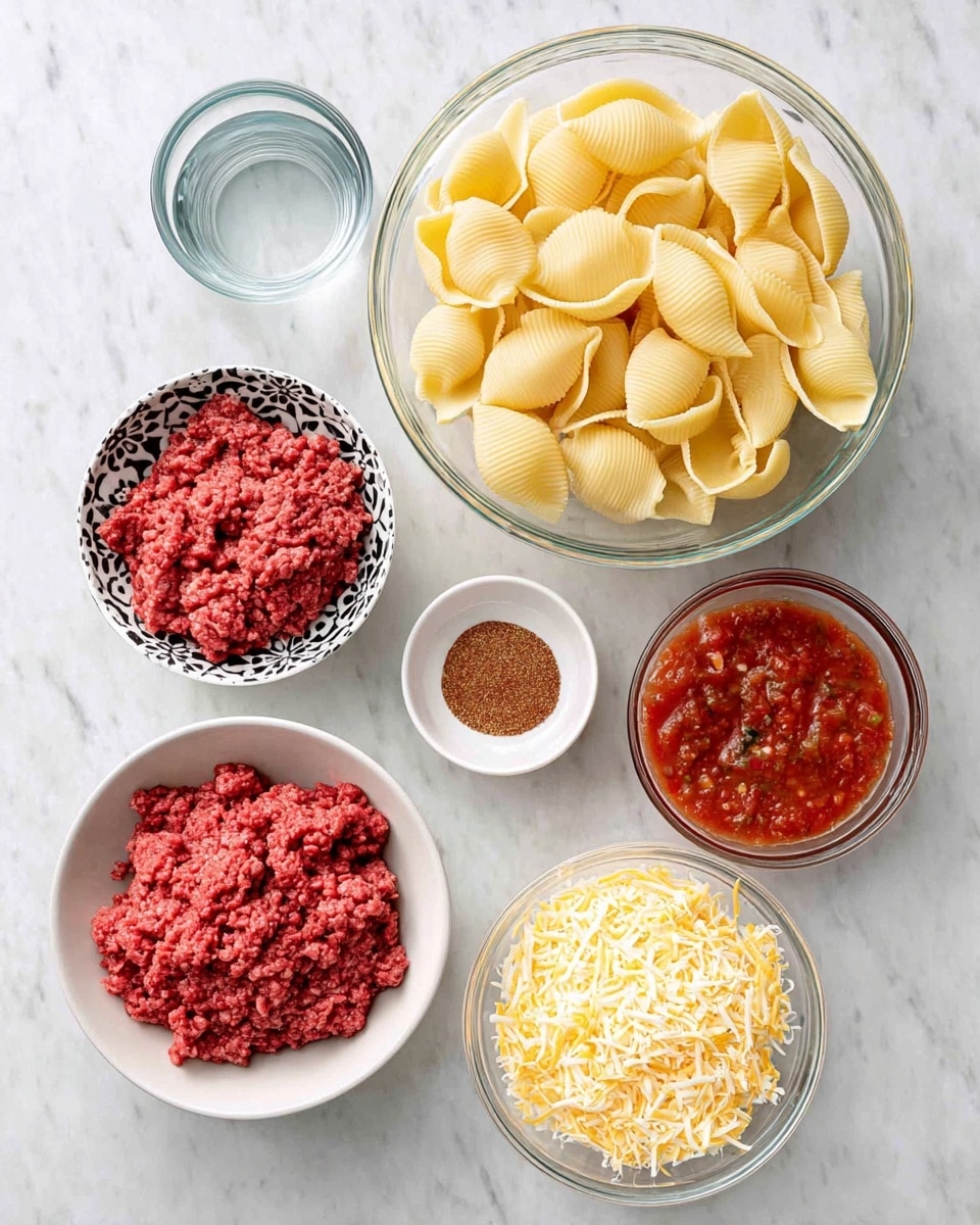 There are five bowls of ingredients arranged on a white marbled surface. At the bottom left, a white bowl with black patterns holds bright red ground beef, its texture crumbly and fresh. Above it on the left is a small white bowl filled with clear water, smooth and shiny. On the top right side, a large clear glass bowl contains many jumbo pasta shells, pale yellow with ridged texture. Below it on the right, a white bowl filled with a mix of shredded yellow and white Mexican cheese, soft and finely shredded. In the center, a small white bowl holds a red-brown taco seasoning powder, finely ground and textured, and next to it, a clear glass bowl contains chunky red salsa with visible bits of herbs and spices. photo taken with an iphone --ar 4:5 --v 7