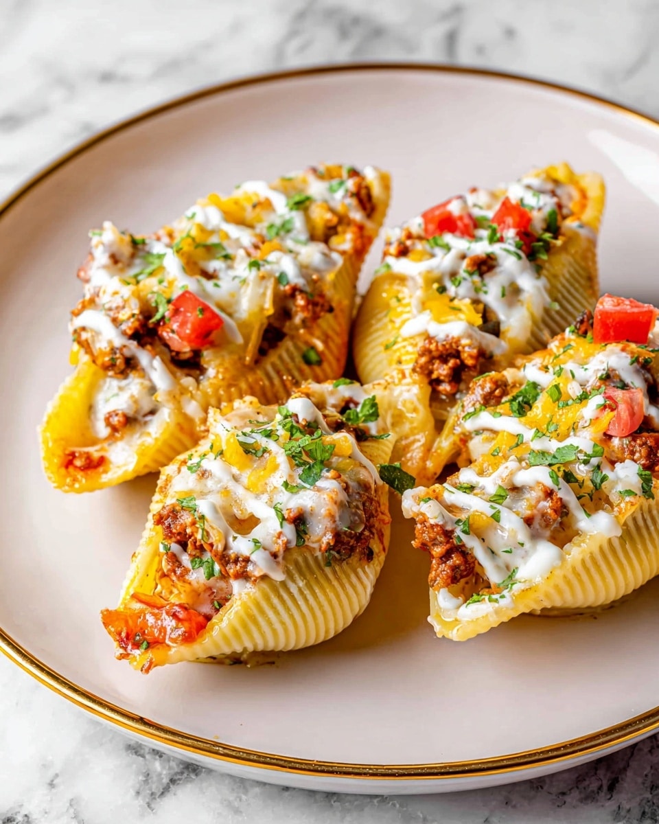 Four large pasta shells are placed on a round white plate with a thin gold rim, which sits on a white marbled surface. Each shell is filled with a layer of ground meat mixed with tomato sauce, topped with melted yellow and white cheese, and sprinkled with small pieces of red tomato and green chopped herbs. A drizzle of white sauce adds contrast on top, making the shells look creamy and colorful. The pasta shells have a ridged texture and are positioned close together, showing the filling clearly. Photo taken with an iphone --ar 4:5 --v 7