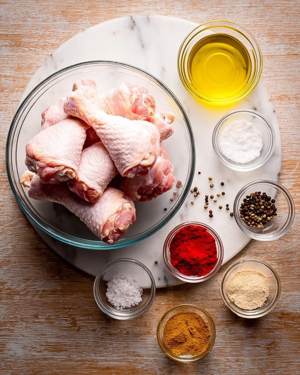 A clear bowl filled with multiple pale pink raw chicken drumsticks stacked inside sits on a white marbled surface. To the right of the bowl are six small white or clear bowls arranged in two vertical columns; the top left clear bowl holds coarse black pepper, below it is a clear bowl filled with white salt. Above the salt bowl is a clear glass bowl with golden yellow oil. In the right column, the top white bowl contains bright red paprika powder, below it is a bowl with a rusty red spice, then a bowl with light tan powder, followed by a bottom bowl with a beige powdery spice. There are scattered black and white peppercorns around the bowls on the white marbled texture. photo taken with an iphone --ar 4:5 --v 7