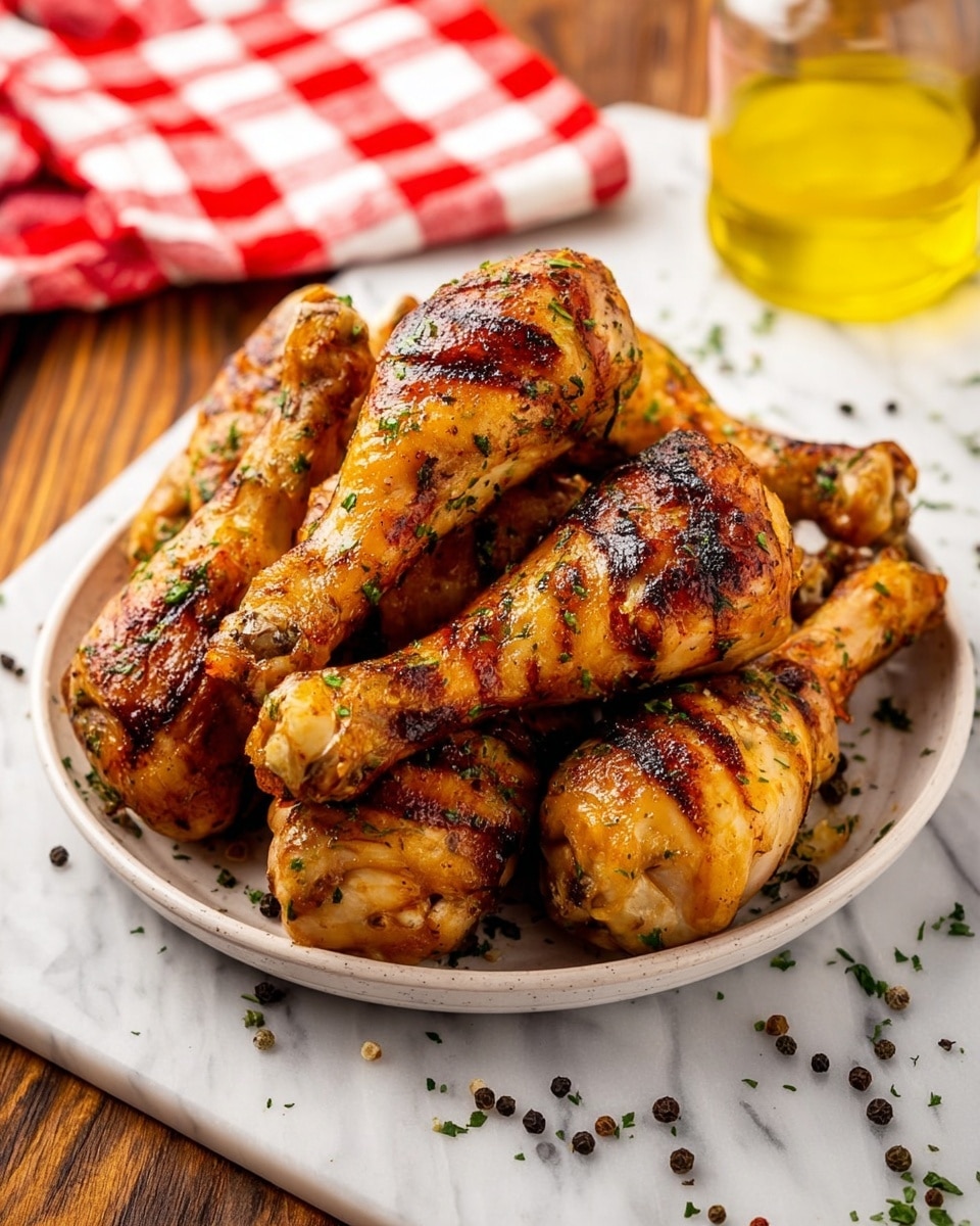 A round white plate filled with nine cooked chicken drumsticks stacked in layers, each drumstick showing a golden-brown color with grill marks and sprinkled green herbs on top and around. The drumsticks have a shiny, crisp skin texture. The plate is placed on a white marbled surface with scattered black and white peppercorns and small green herbs around. In the background, there is a glass jar with yellow oil and a red and white checkered cloth partially visible. Photo taken with an iphone --ar 4:5 --v 7