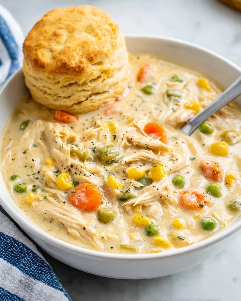 A white bowl filled with creamy chicken and vegetable stew, showing one visible layer of shredded chicken mixed with orange carrot pieces, yellow corn, green peas, and green beans in a thick, light-colored sauce. On top of the stew, two light golden-brown biscuits sit slightly overlapping near the edge of the bowl. The bowl rests on a white marbled surface with a blue and white striped cloth nearby. Photo taken with an iphone --ar 4:5 --v 7