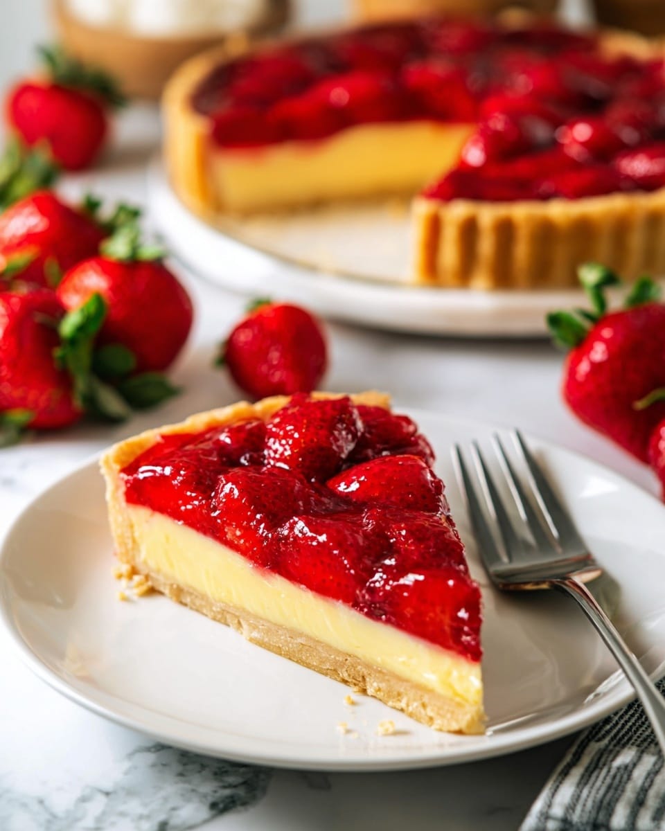A slice of strawberry tart is shown on a white plate with a silver fork beside it. The tart has three layers: a bottom light golden crust, a thick pale yellow custard filling in the middle, and a glossy bright red strawberry topping with whole strawberries covered in a shiny glaze. The background features a white marbled texture, with fresh strawberries scattered around and another plate holding a similar slice visible blurred in the back. The scene is warm and inviting, with red and yellow colors standing out. photo taken with an iphone --ar 4:5 --v 7