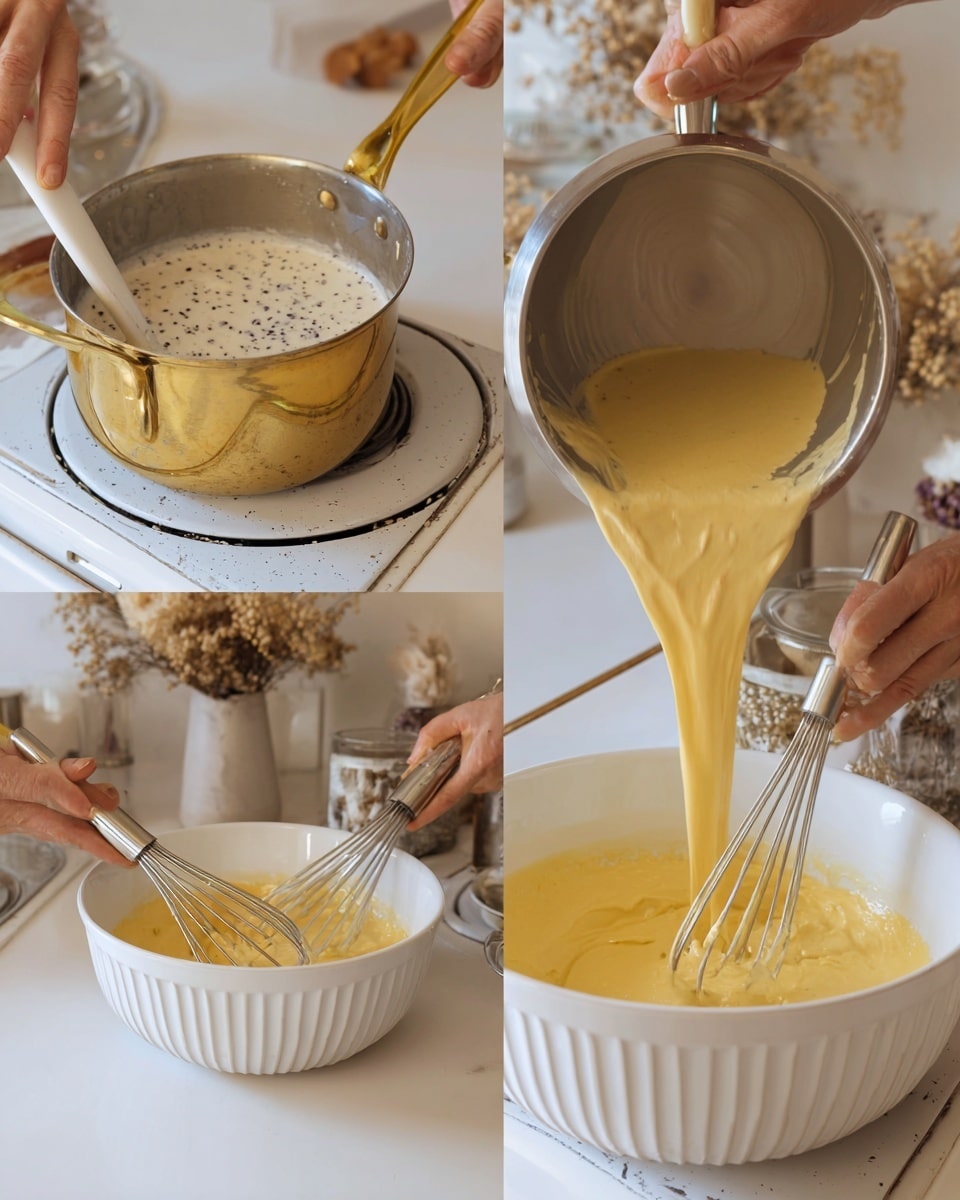 The image shows three steps of making a mixture. On the left, a small silver pot with a gold handle sits on a white stove, filled with creamy liquid with black specks and a white spatula resting in it. In the middle, a woman's hand holds a whisk lifting smooth, thick yellow batter dripping into a white bowl with grooved sides, set on a white marbled surface. On the right, a woman's hand pours a creamy mixture from the silver pot into the yellow batter in the same white bowl, while another woman's hand holds a whisk inside the bowl. Small pots with dried flowers and kitchen items are blurred in the background. photo taken with an iphone --ar 4:5 --v 7