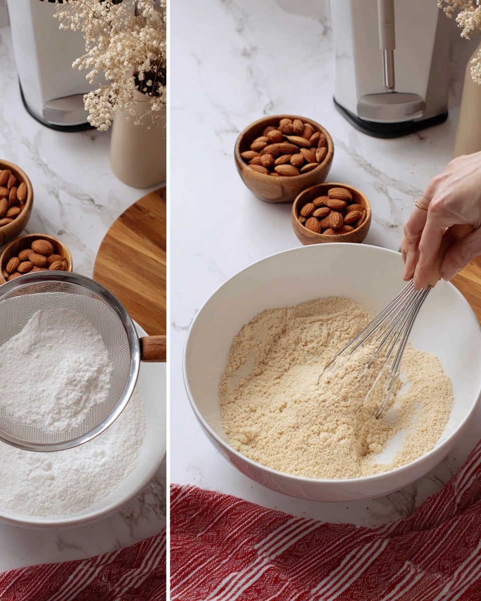 The image shows three steps of mixing dry ingredients in a white bowl placed on a white marbled surface with a red and white striped cloth underneath. In the first step, a white bowl holds a metal strainer filled with a light beige powder being whisked with a metal whisk that has a wooden handle. In the second step, the white bowl contains a layer of light beige powder with a large white layer of granulated sugar on top, sitting still. In the third step, a woman's hand is inside the white bowl, mixing the now combined light beige mixture with a sandy texture. In the background of all three shots, a wooden chopping board holds two small wooden cups filled with whole almonds, a white coffee maker, and a beige vase with dried white flowers on the white marbled surface. Photo taken with an iphone --ar 4:5 --v 7