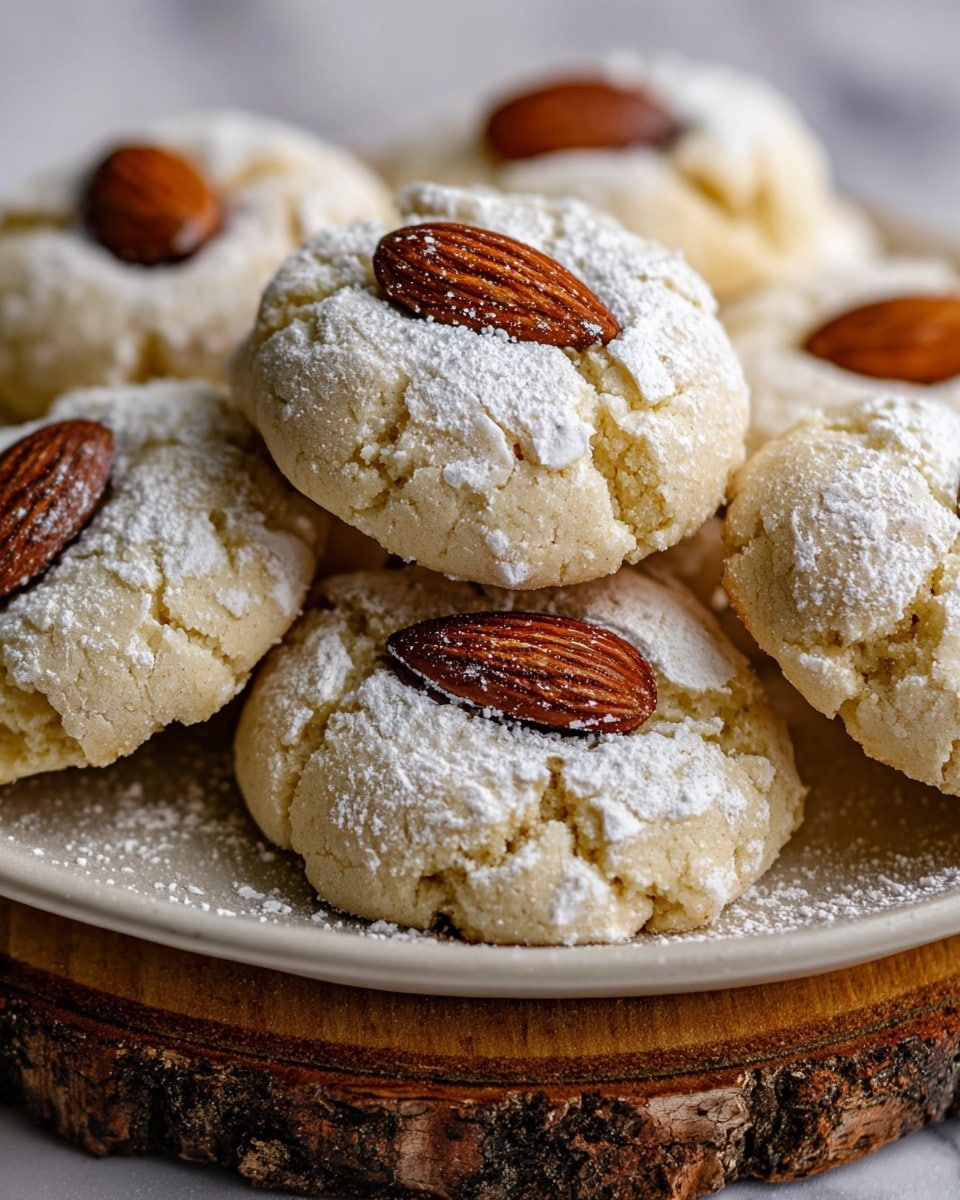 The image shows a close-up of several round cookies with a light beige color and a slightly cracked texture on top. Each cookie is dusted with white powdered sugar and has a single dark brown almond placed firmly in the center. The cookies are stacked closely together on a white plate with a rustic wood slice base underneath, set on a white marbled surface. The focus is sharp on the front cookies, with a soft blur on the ones in the back, highlighting the texture and almond topping. photo taken with an iphone --ar 4:5 --v 7