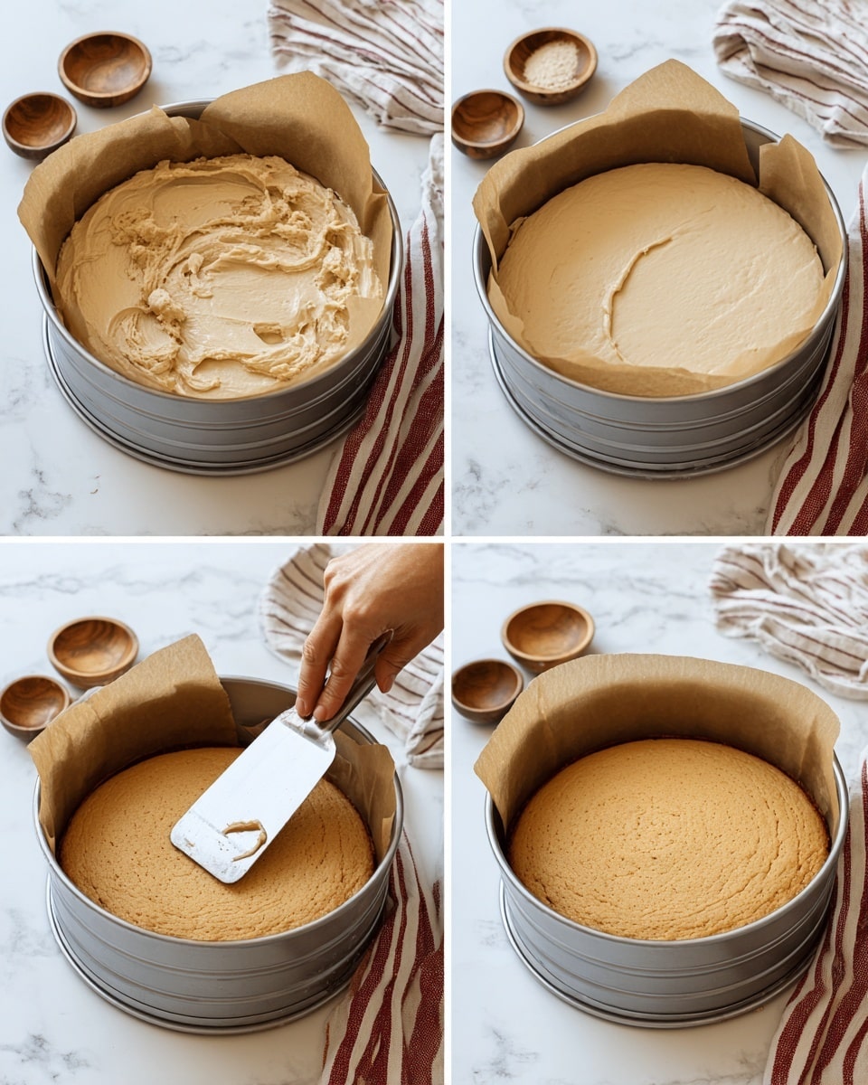 A silver round cake pan lined with parchment paper holds a light brown batter that is thick and creamy. The first layer shows spoonfuls of batter placed unevenly inside the pan. The second image shows a woman's hand using a flat metal spatula to smooth and spread the batter evenly, creating a smooth top layer. The third image shows the smooth, flat batter layer fully spread inside the pan. The last image shows the batter baked into a golden brown, soft cake with a slightly domed top still inside the pan. The pan rests on a white marbled surface with several small wooden dishes and a striped cloth in the background. Photo taken with an iphone --ar 4:5 --v 7