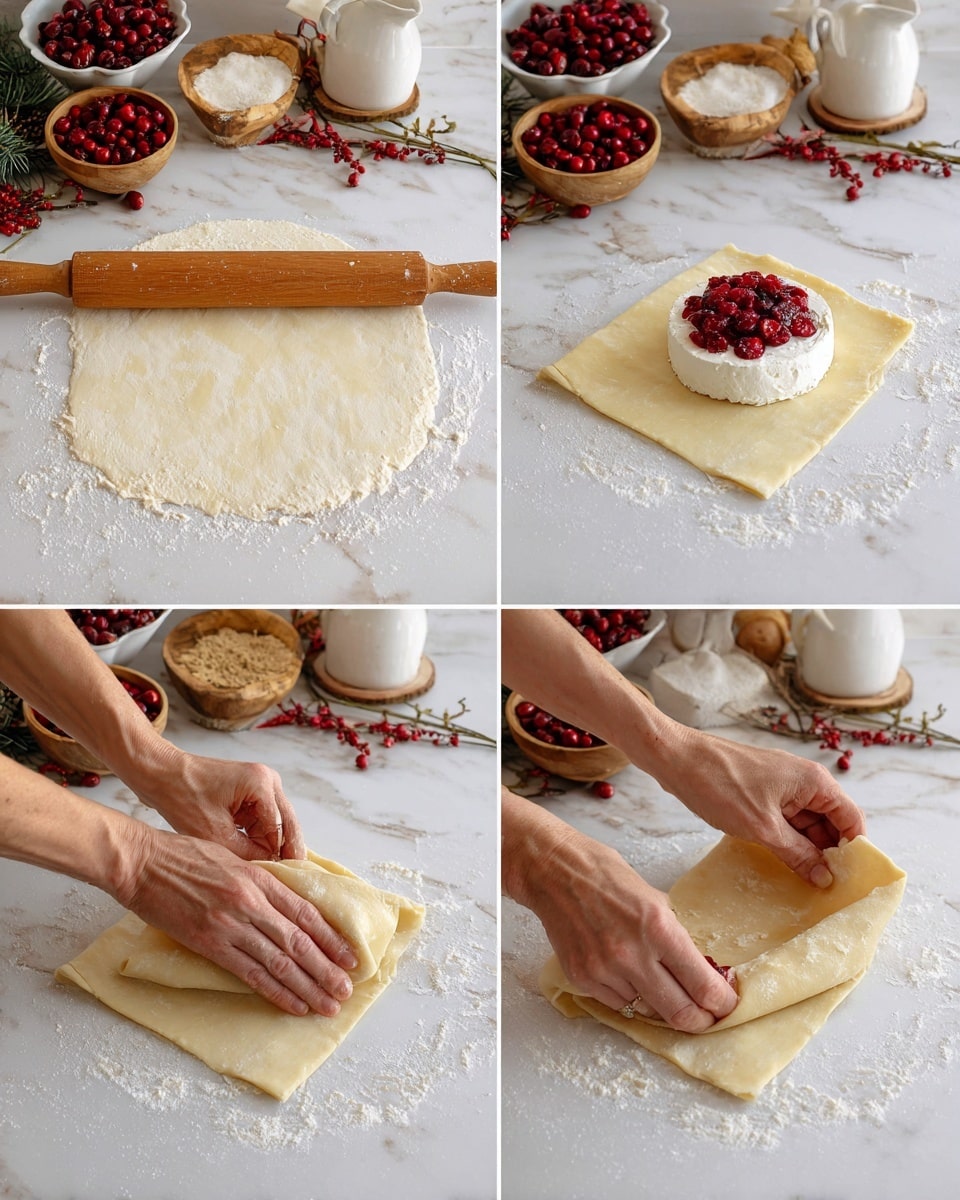 The image shows four steps of making a wrapped cheese snack on a white marbled surface. In the first step, a large square sheet of dough dusted with flour is being rolled out with a wooden rolling pin held by a woman's hand. The second step places a whole round white cheese in the center of the dough, topped with a bright red cranberry mixture. The third step shows a woman's hands folding one corner of the dough toward the center, covering part of the cheese and cranberry layer. The final step captures the woman's hands carefully pinching the dough edges to seal the cheese and cranberry filling inside a dough pouch. In the background, items like a white sugar container, a bowl of cranberries, a wooden bowl with brown sugar, and holiday decor are seen. Photo taken with an iphone --ar 4:5 --v 7