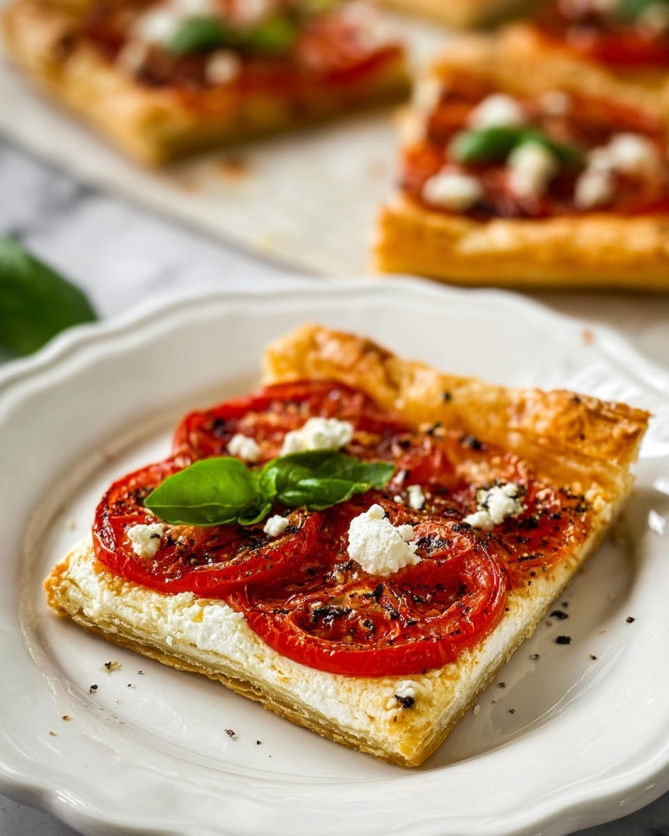 A square slice of golden brown puff pastry tart sits centered on a white scalloped plate, showing three visible layers: the bottom crispy pastry crust, a creamy white ricotta cheese layer, and on top, thin red tomato slices scattered with small white crumbles of cheese and a few small bright green basil leaves; the tomatoes show slight charring and black pepper specks; in the blurred background, more slices of the tart are visible on a white marbled surface. Photo taken with an iphone --ar 4:5 --v 7
