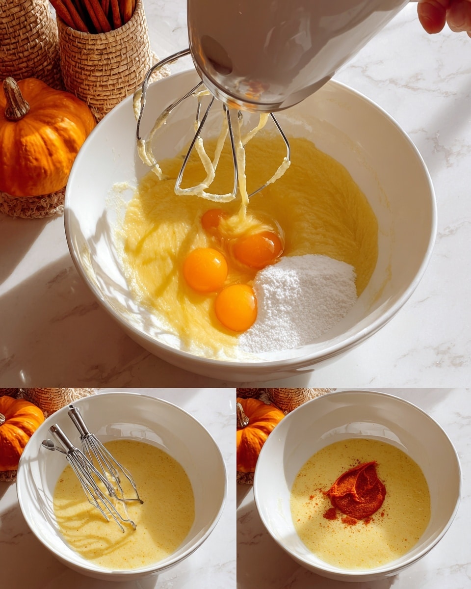 A white bowl sits on a white marbled surface with a woman's hand holding a white mixer above it, showing four steps of mixing batter. The first step shows eggs and a heap of white sugar in the bowl, bright yellow yolks resting around the sugar. The second step reveals a smooth, light yellow batter inside the bowl as the mixer runs. In the third step, melted yellow butter is poured from a small white cup into the batter, blending with it. The last step shows a dollop of thick, orange-red paste added on top of the pale yellow batter, with two metal beaters resting on the bowl's edge. Small orange pumpkins and cinnamon sticks in containers create a cozy background. Photo taken with an iphone --ar 4:5 --v 7