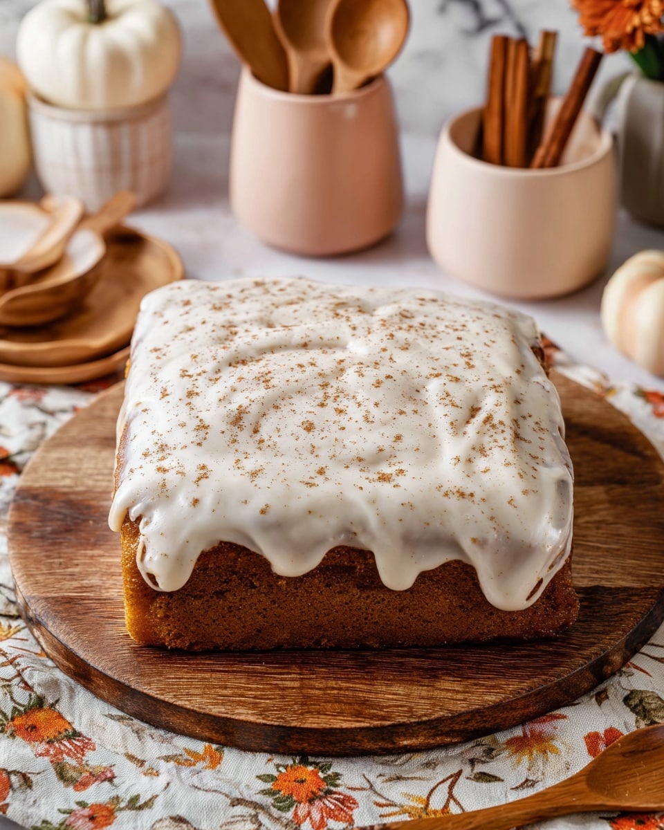 A square, thick cake with a rich brown base layer that looks soft and dense is topped with a thick white frosting layer that is smooth but has some gentle peaks and drips on the edges. The white frosting is lightly sprinkled with brown spice powder, giving a textured look. The cake sits on a round wooden board and is surrounded by autumn-themed cloth with floral prints. In the background, there are cinnamon sticks in a holder, wooden spoons, and ceramic containers in soft pastel colors placed on a white marbled surface photo taken with an iphone --ar 4:5 --v 7