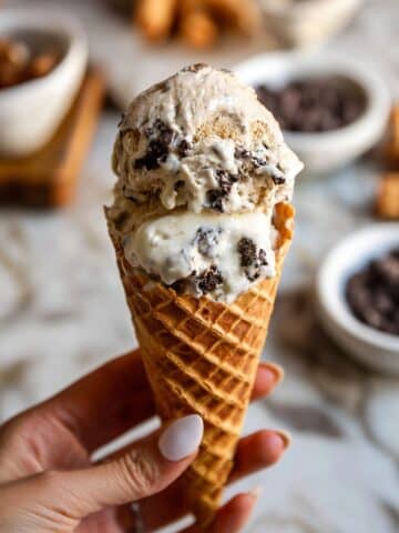 Cookie Dough Ice Cream with Fudge Sauce and Mini Chocolate Chips Recipe