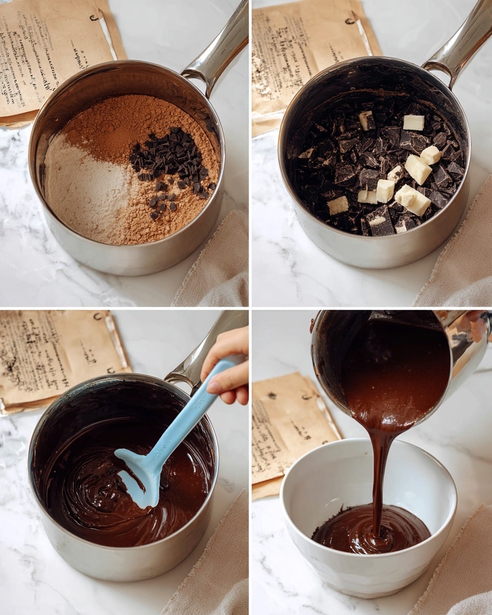 The images show a cooking pot with four stages of making chocolate sauce on a white marbled surface. The first stage has two layers inside the pot: a light brown powder and a darker brown powder unevenly placed on the pot's bottom. The second stage adds a pouring of cream and chunks of dark chocolate on top of the powders. The third stage shows the mix stirred into a thick, smooth, dark brown liquid, with a blue spatula in the pot and a woman's hand holding the pot handle. The last stage shows the dark chocolate sauce being poured from the pot into a white bowl, with a woman's hand tilting the pot. The background includes a white towel and sheets of vintage sheet music photo taken with an iphone --ar 4:5 --v 7