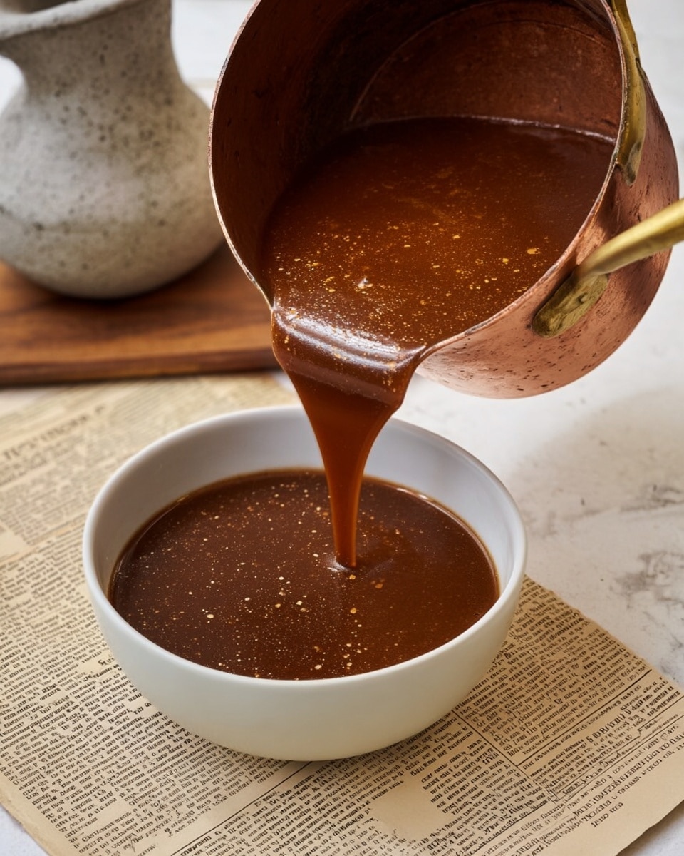 A close-up image shows a rich brown sauce being poured from a shiny copper pot with a brass handle into a simple white bowl. The sauce has a smooth texture with some small bubbles, catching warm light that creates a glossy shine. The white bowl sits on a surface covered in aged, yellowed newspaper pages, all against a white marbled background. Nearby, a stone pitcher and a small wooden board add rustic touches to the scene. The photo taken with an iphone --ar 4:5 --v 7