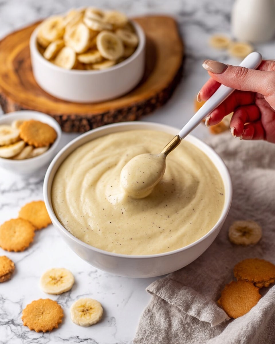 A close-up view of a white bowl filled with smooth, creamy, light beige pudding with tiny visible specks, held by a woman's hand using a white-handled spoon scooping some of the pudding. The bowl sits on a white marbled surface scattered with a few banana chips and a small round vanilla wafer. In the background, there are two small white bowls; one contains more banana chips on a rough wooden round board, and the other has round vanilla wafers, all placed on the same white marbled surface with a light gray cloth nearby. The scene is bright and inviting, focusing on the creamy texture of the pudding photo taken with an iphone --ar 4:5 --v 7