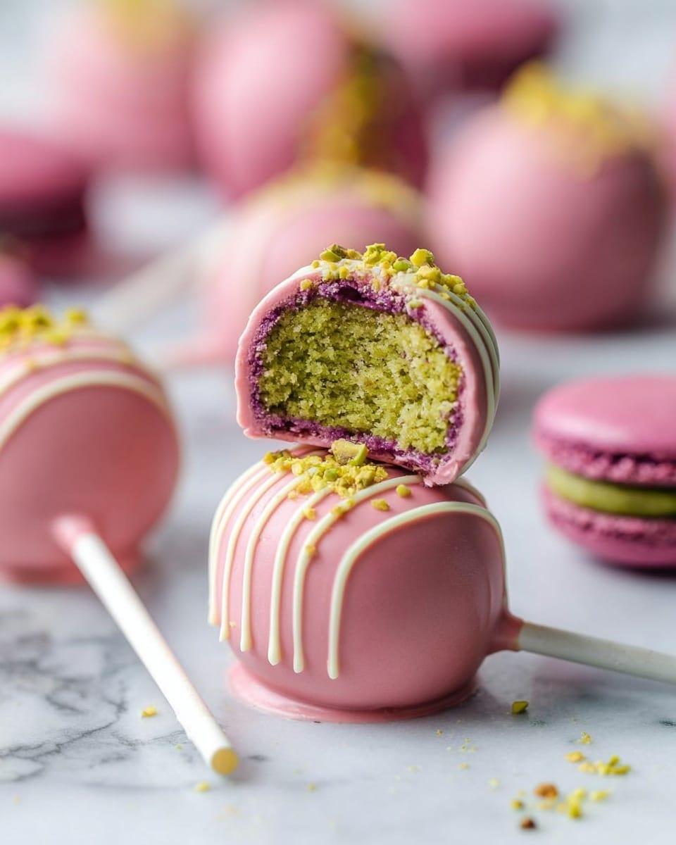 The image shows a pink round cake pop with a smooth outer layer and vertical lines of decoration near the edge on top. The cake pop is on a white stick lying on a white marbled surface. A bite reveals a green cake layer inside, textured and moist. On top of the cake pop, there are small crushed yellow-green pistachio pieces scattered. Around the main cake pop, there are other pink cake pops in the background, some blurred, and green macarons with purple filling also visible, all placed on the same white marbled surface. photo taken with an iphone --ar 4:5 --v 7