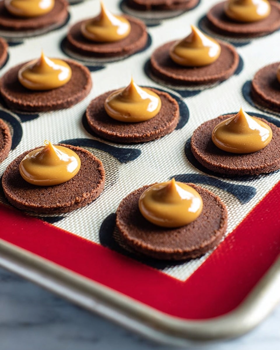 The image shows several round, dark brown cookie bases arranged on a white silicone baking mat with black circles, on a metal tray with red borders. Some of these round cookie bases have a dollop of shiny caramel-colored cream on top, shaped in a smooth, rounded swirl with a small peak. The cookies are evenly spaced in rows, placed on the baking mat over a white marbled surface. The photo taken with an iphone --ar 4:5 --v 7