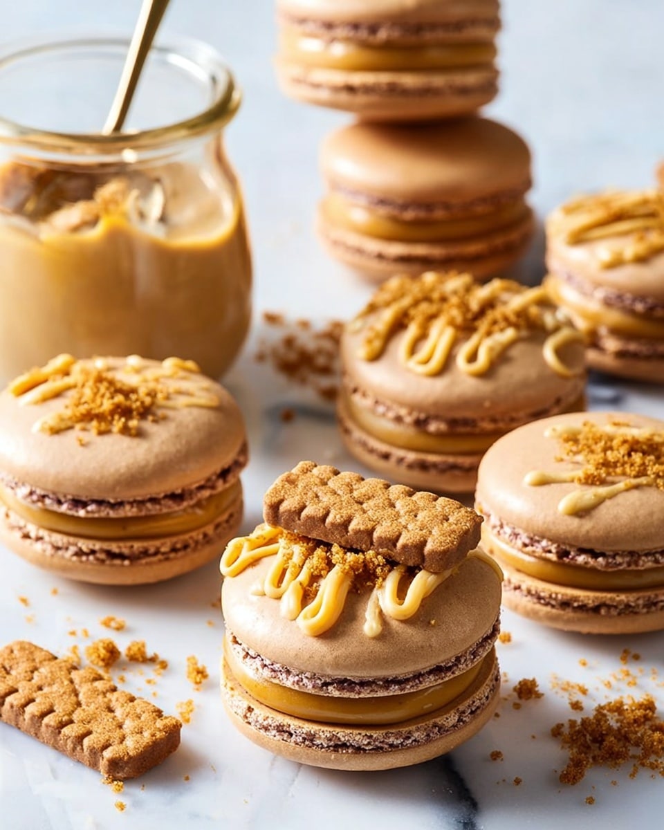 The image shows several light brown macarons arranged on a white marbled surface. Each macaron has two smooth, round shells with a slightly rough edge and a thick caramel-colored filling in the middle. Some macarons are decorated on top with drizzles of caramel cream and a sprinkle of crumbled cookie bits. One macaron has a rectangular biscuit placed on it, and in the background, there is a small clear jar filled with whipped caramel and a spoon inside. The colors are warm shades of brown and caramel with textures ranging from smooth macaron shells to creamy filling and crumbly cookie bits. photo taken with an iphone --ar 4:5 --v 7