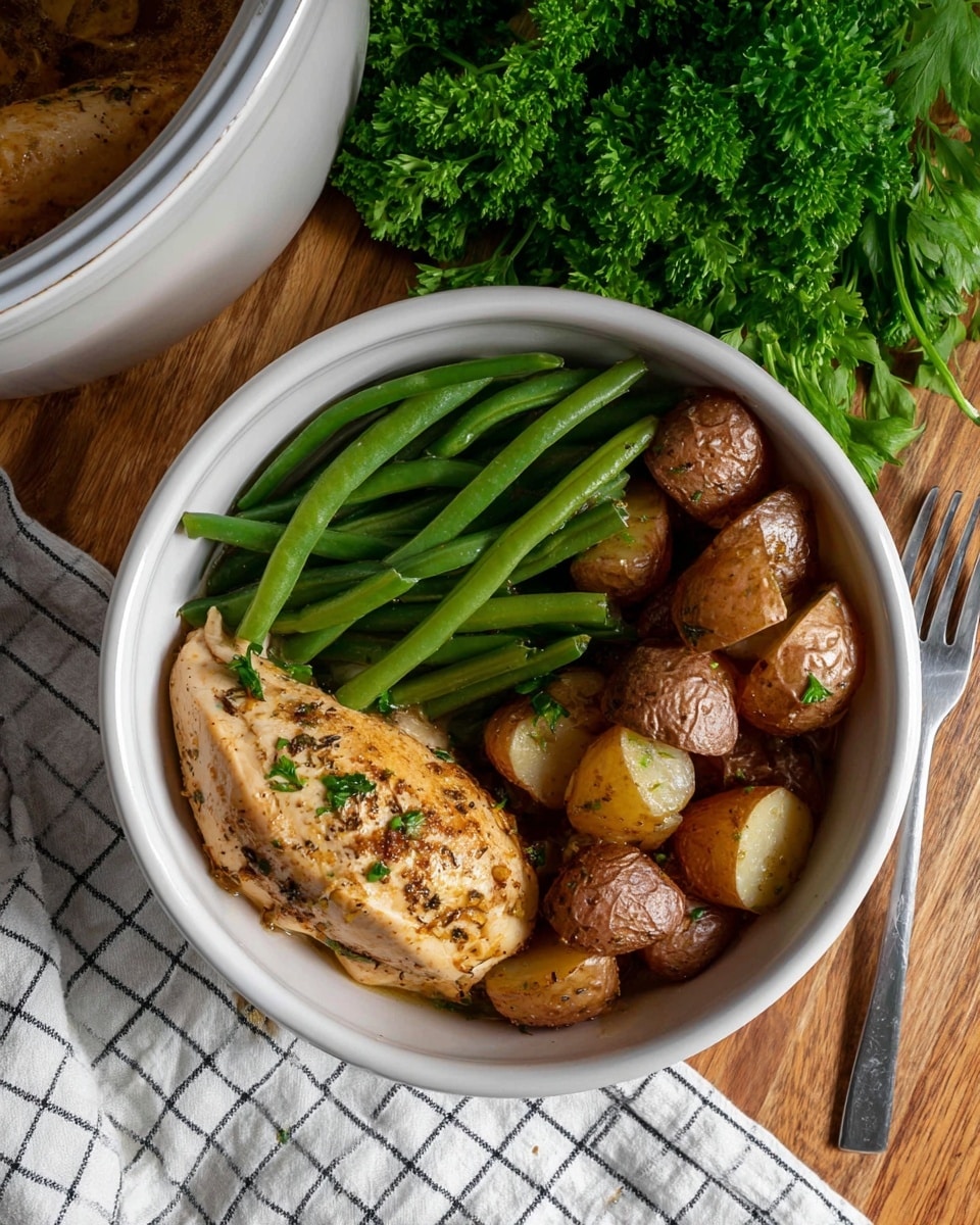A white bowl shows a meal with three sections: on the right, small pieces of brown potatoes with a slightly rough texture and some spices; on the left, shiny green beans placed in a neat row; and at the bottom, a piece of light brown chicken with a smooth surface sprinkled with crushed garlic and pepper. The bowl sits on a wooden table next to a white and black checkered cloth and a bunch of fresh, leafy green parsley. Part of a white pot holding similar food is visible at the top left corner, and a fork rests to the right of the bowl. The overall setting is bright with natural light. Photo taken with an iphone --ar 4:5 --v 7