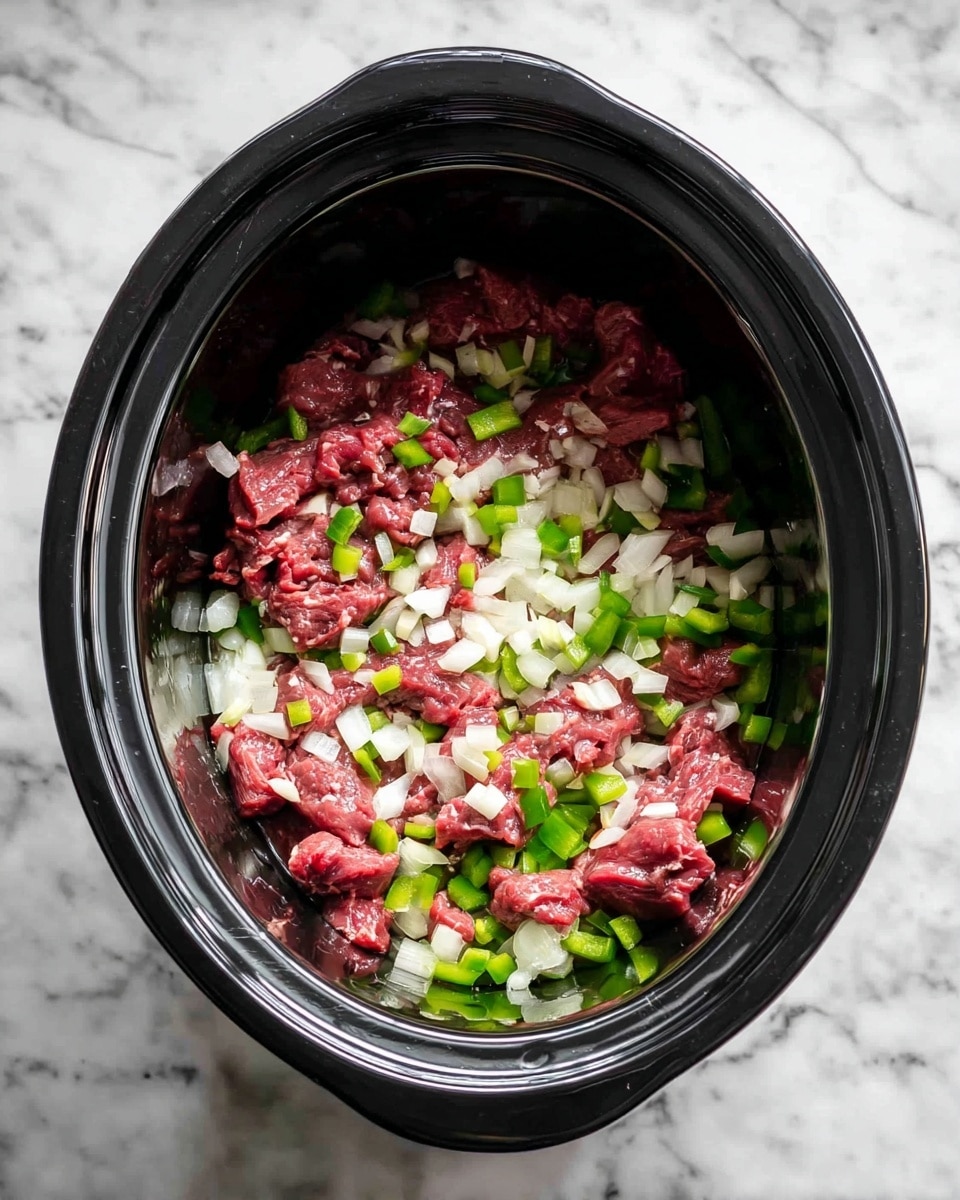 Inside a black slow cooker, there is one visible layer of food made of raw red meat pieces mixed with chopped white onions and small green bell pepper pieces, all spread evenly inside the cooker. The slow cooker rests on a white marbled surface. Photo taken with an iphone --ar 4:5 --v 7