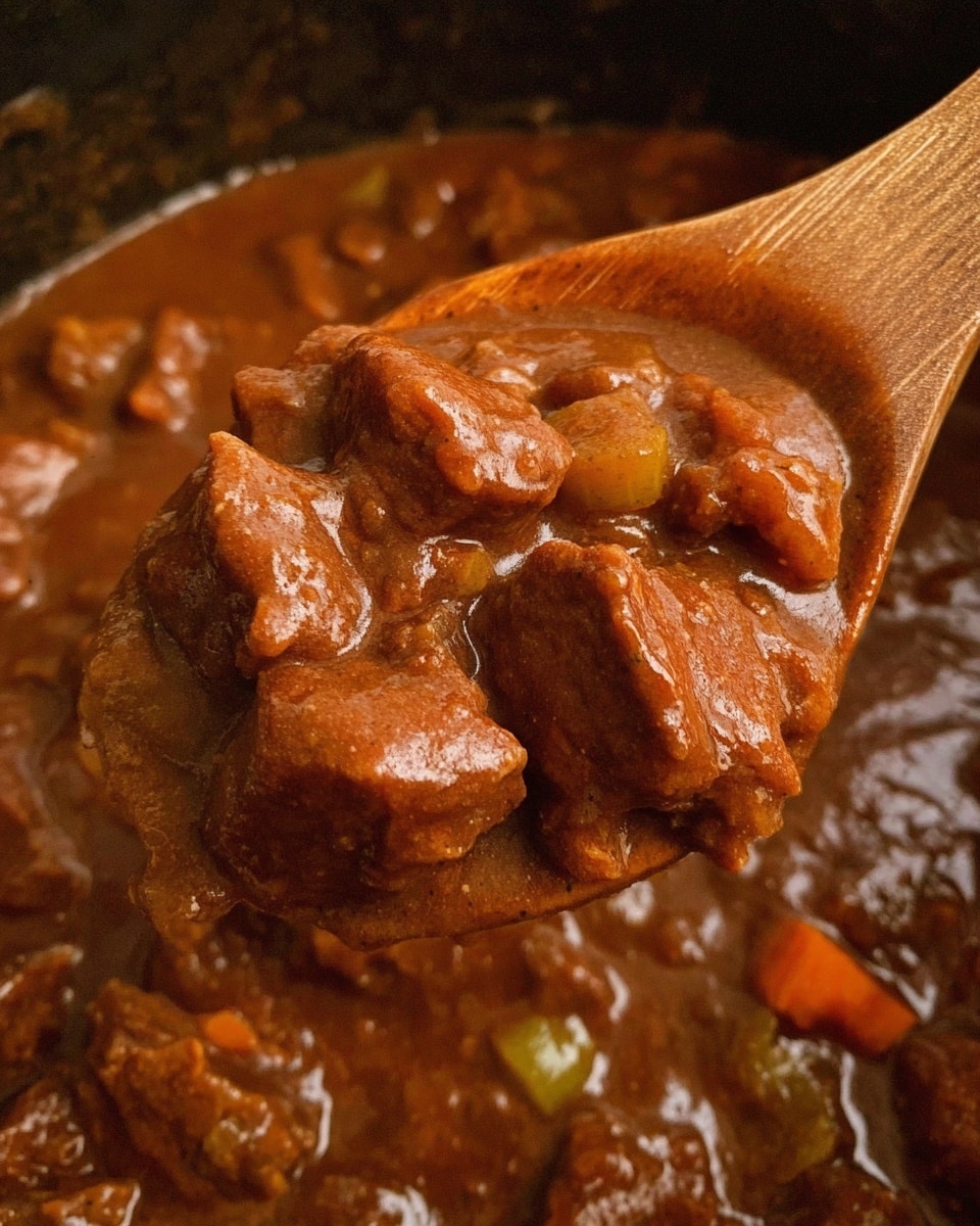 A close-up shows a wooden spoon lifting a thick stew filled with chunky brown pieces of meat and small pieces of vegetables like celery and carrots, all covered in a shiny, rich brown sauce. The stew looks soft and juicy with a smooth sauce coating every piece. The background is dark but blurred, focusing on the stew. The photo taken with an iphone --ar 4:5 --v 7